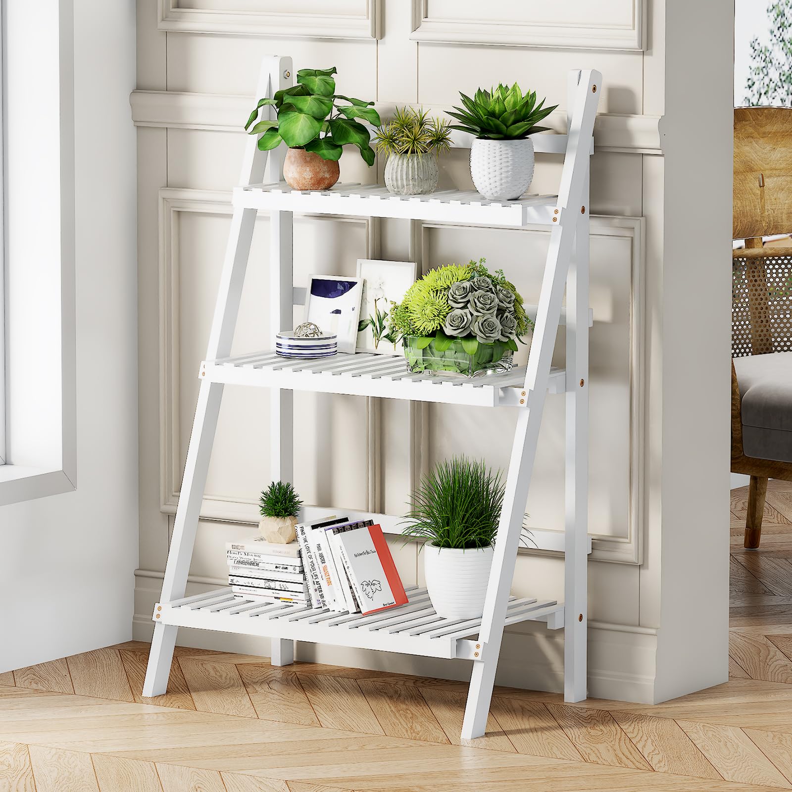 39.4" Bamboo Ladder Shelf Plant Shelf, 3 Tier Foldable Ladder Flower Pot Display Shelf Rack, 23.6"W x 15"D x 39.4"H, Freestanding Bookshelf for Garden, Balcony, Yard, Patio, Lawn, Living Room, Walnut