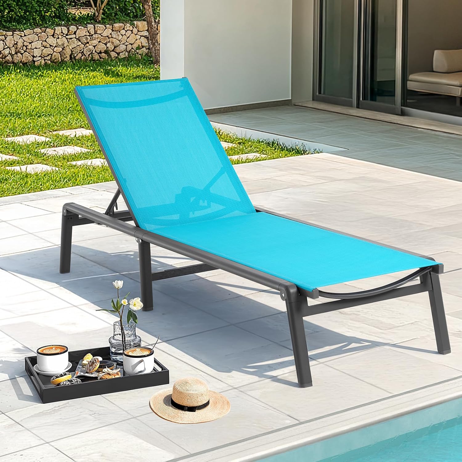 ONBRILL Aluminum Chaise Lounge Chair Outdoor, Foldable & Assembly Free Outdoor Lounge Chair with 5 Position Adjustable Backrest, Patio Pool Lounge Chairs for Outside Poolside Beach Lawn, 1PC, Khaki