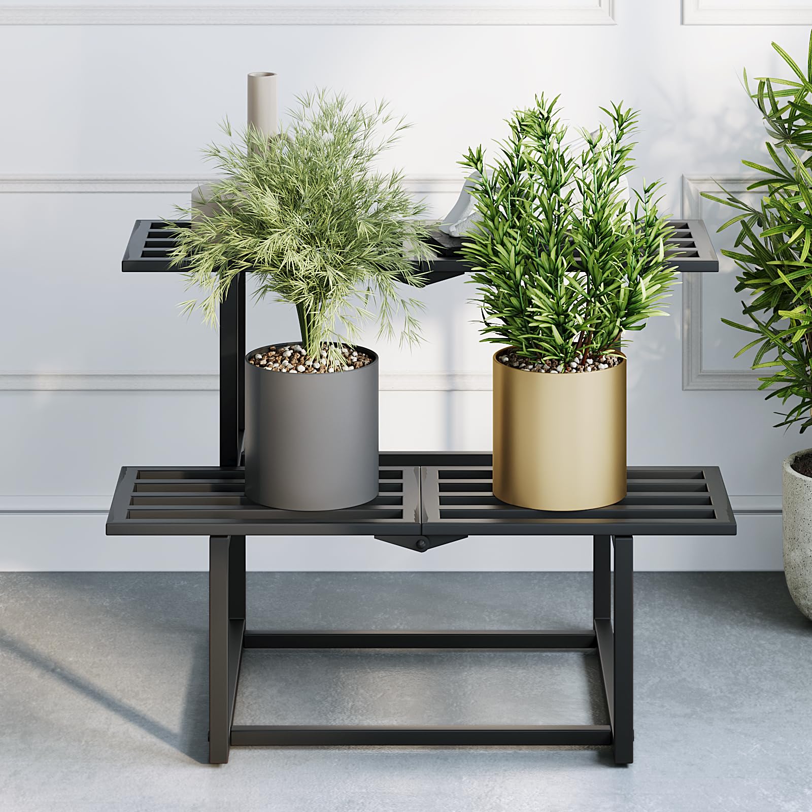 Plant Stand Indoor Outdoor, Foldable Metal Plant Shelf for Multiple Pots, Mid Century Slatted Bench for Patio Garden, Heavy Duty Capacity 330 lbs 2 Tier Coffe