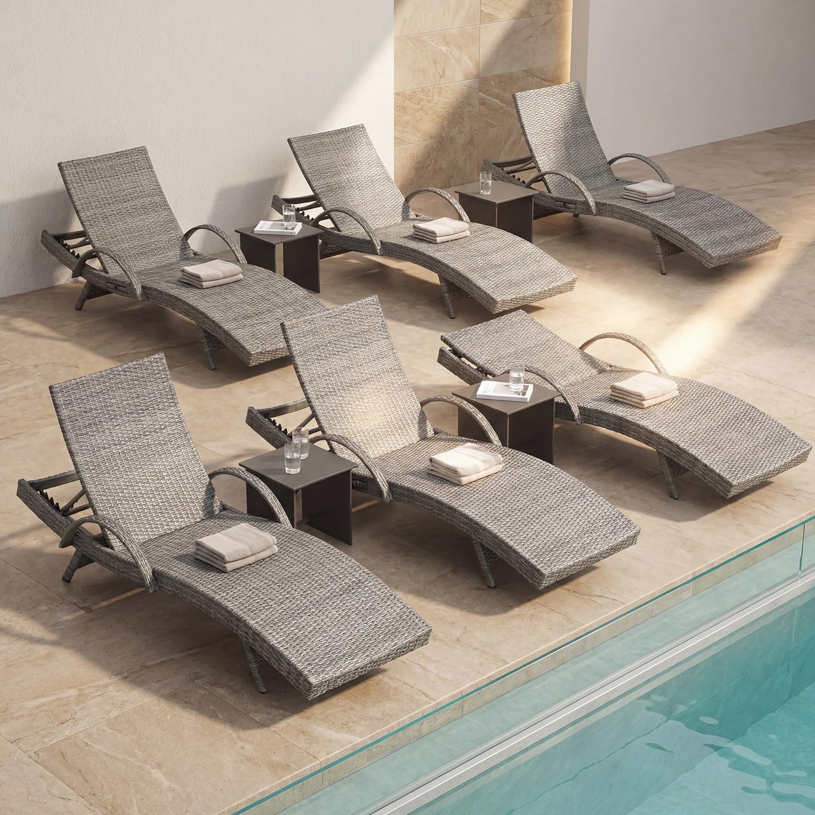 Set of 2 Gray Outdoor Chaise Lounge Chairs, Wicker Patio Lounge Chairs with Adjustable Backrest and Armrests, Durable PE Rattan Pool Chair for Patio, Poolside and Garden