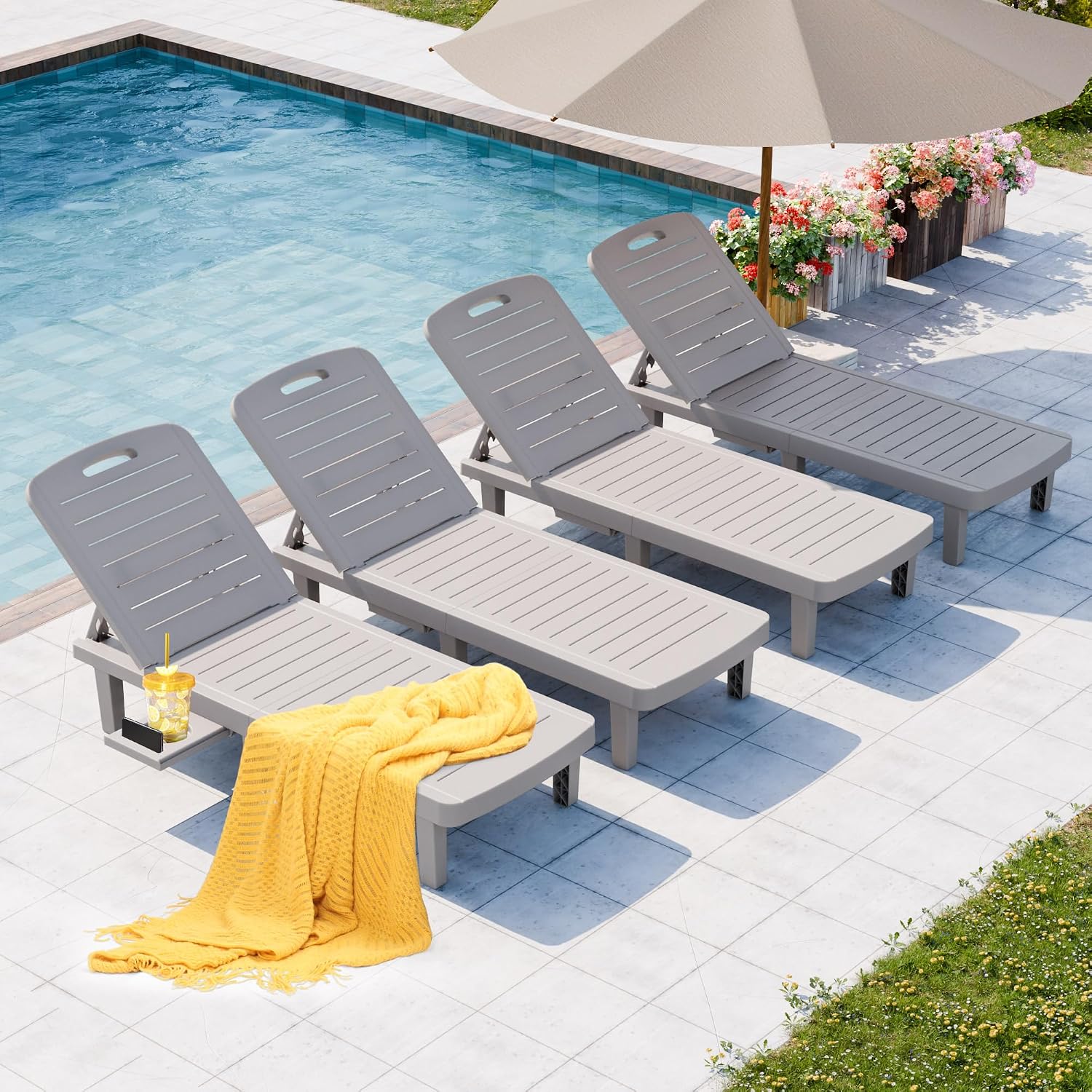 Outdoor Chaise Lounge Set of 4, Waterproof Resin Lounge Chairs for Outside w/Adjustable 5 Positions All Weather Use Recliner Chair for Patio, Poolside, Beach, Yard, Grey