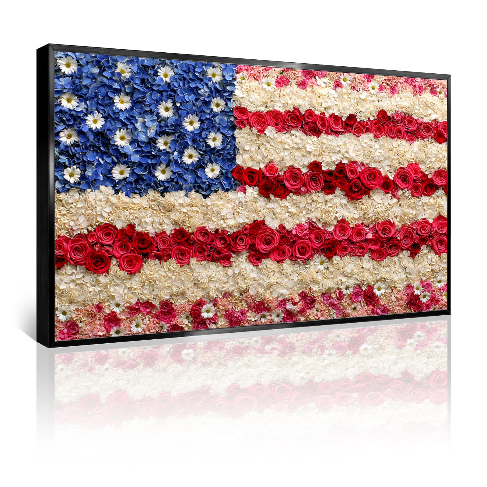 Azatyam American Flag Wall Art Patriotic Floral Picture USA Americana Decor Red White Rose Painting Wildflower Canvas Prints Vintage Country Style Artwork for Living Room Office Bedroom Wall Decor 16" x 24"