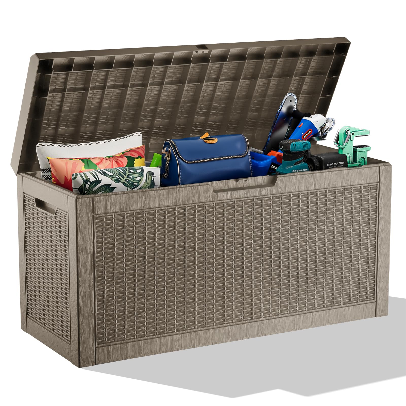PatioZen 31 Gallon Wicker Pattern Resin Deck Box, Lockable Patio Outdoor Storage Box for Furniture, Garden Tools and Tools Storage, Waterproof Outside Storage Box (Grey)