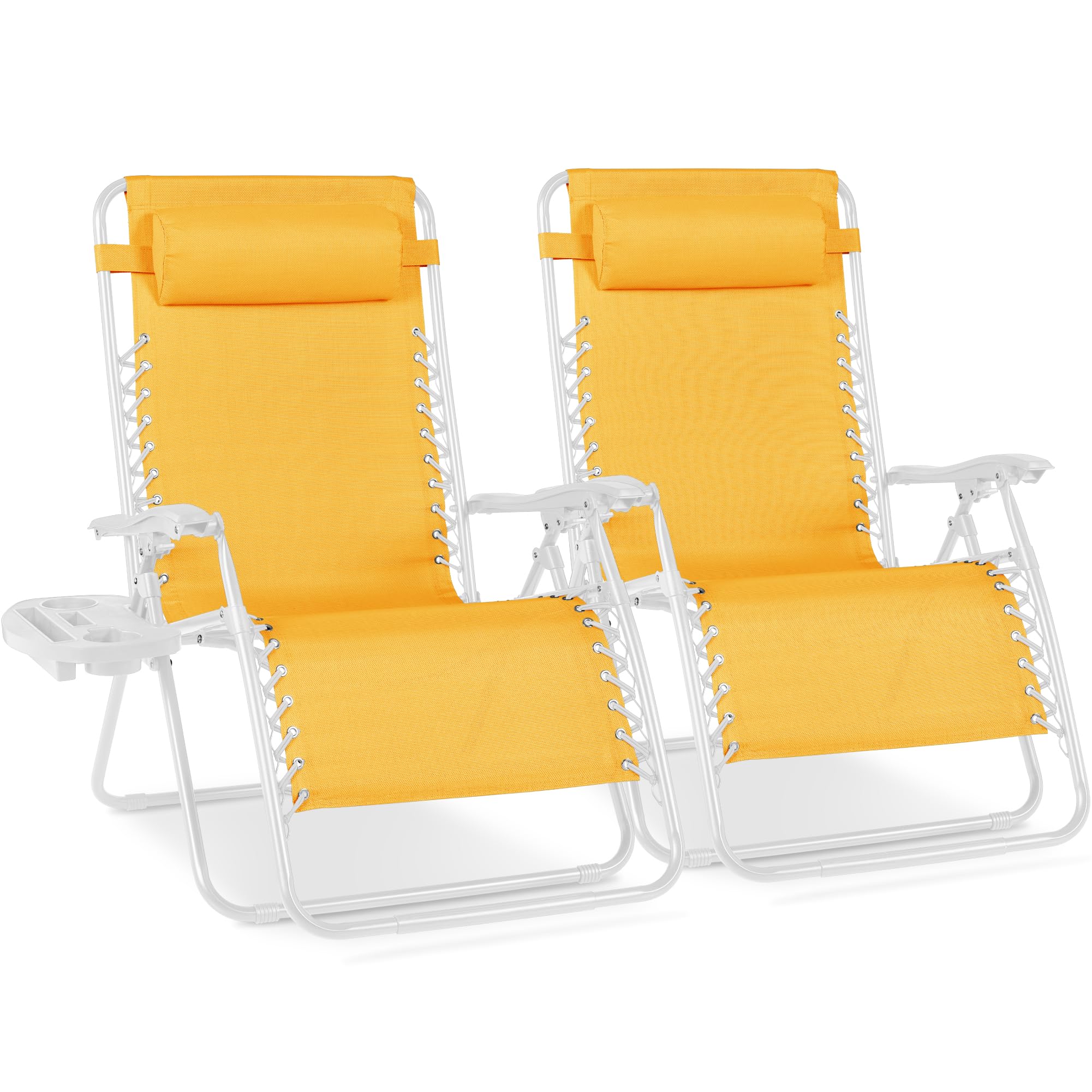 Best Choice Products Set of 2 Adjustable Steel Mesh Zero Gravity Lounge Chair Recliners w/Pillows and Cup Holder Trays - Ice Gray
