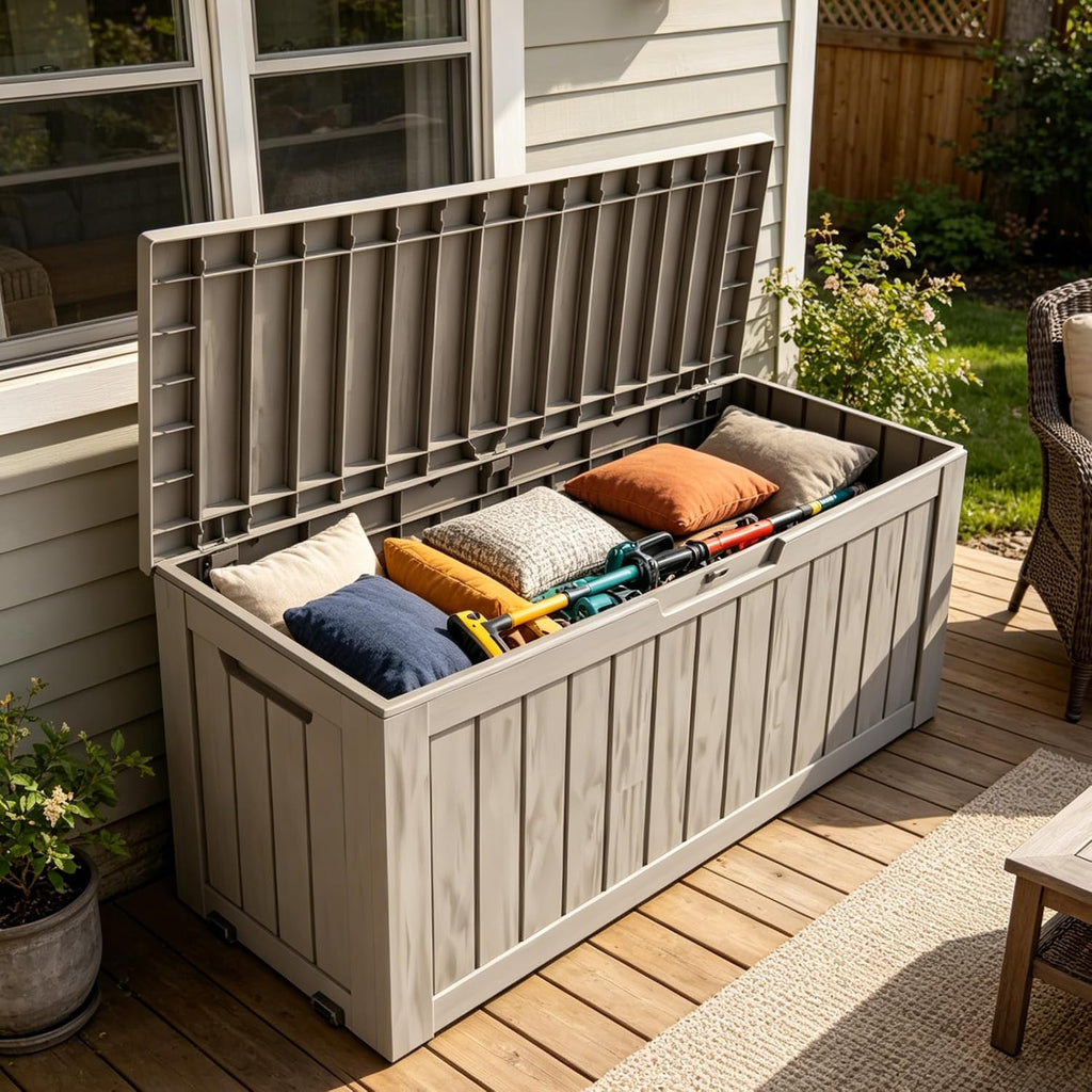 80 Gallon Deck Box with Wheels, Waterproof Resin Outdoor Storage, Easy Assembly, Rolling Bin for Patio Cushions, Pool Toys & Garden Tools, Brown