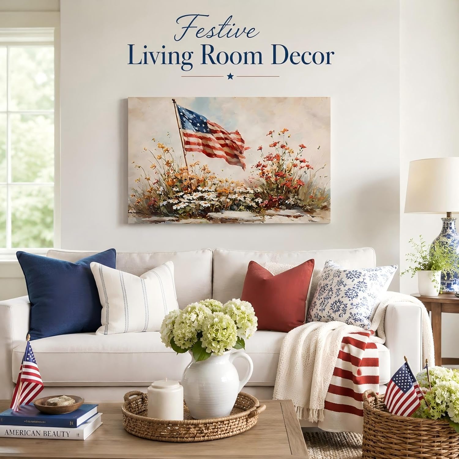 Vintage American Flag Wildflower Canvas Wall Art for Living Room, Framed Patriotic 4th of July Canvas Prints Pictures, Rustic Farmhouse Artwork for Enterway Bedroom Bathroom Wall Decor