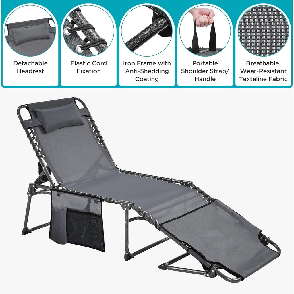 Yaheetech 5 Position Folding Tanning Chair, Outdoor Chaise Lounge Chair with Pad for Beach Patio Poolside Lawn(Gray)