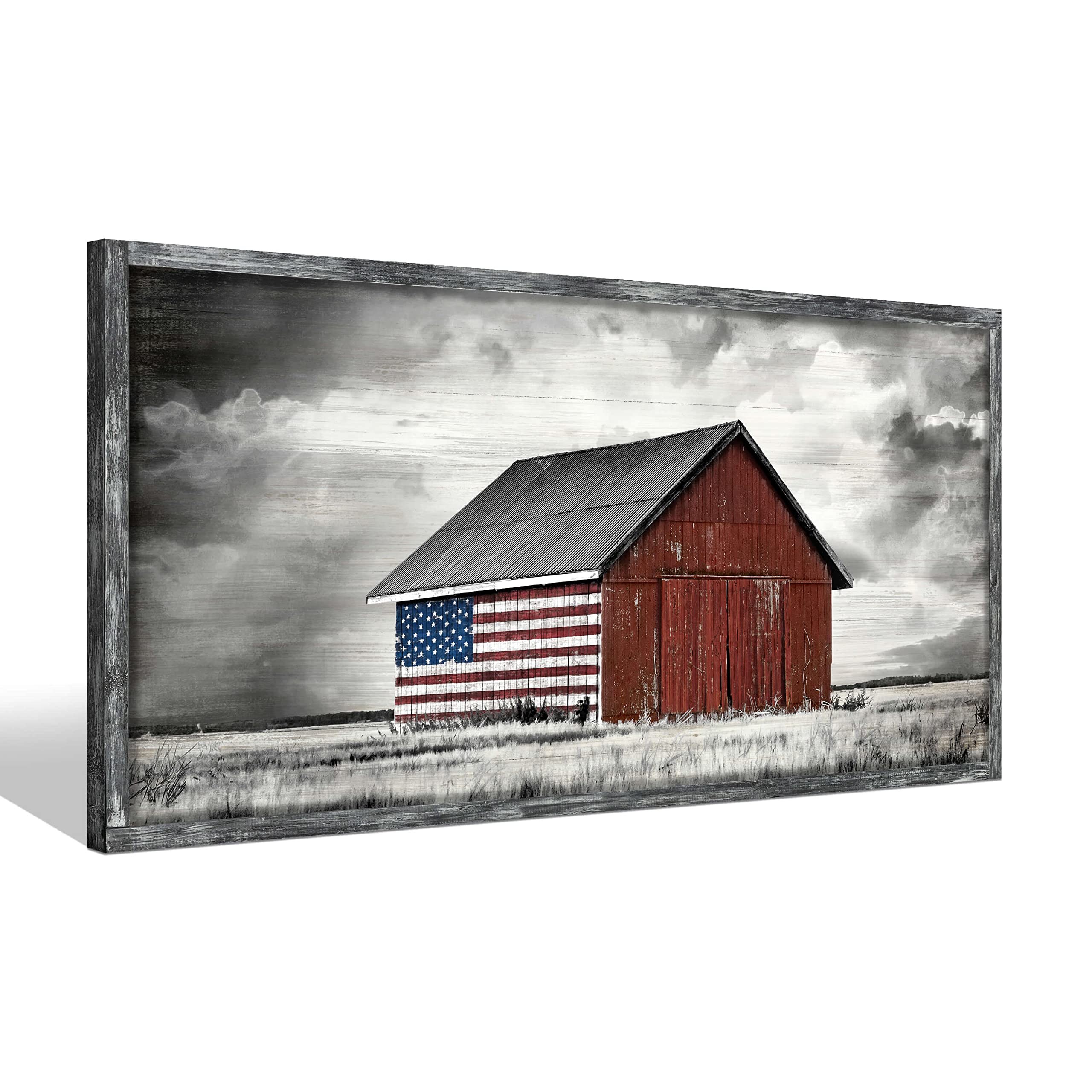 Farmhouse Wood Wall Art Picture: Living Room Framed Rustic Old Barn American Flag Painting Decor Bedroom Large Black White Country Rural Farm Scene Print Horizontal Patriotic Countryside Nature