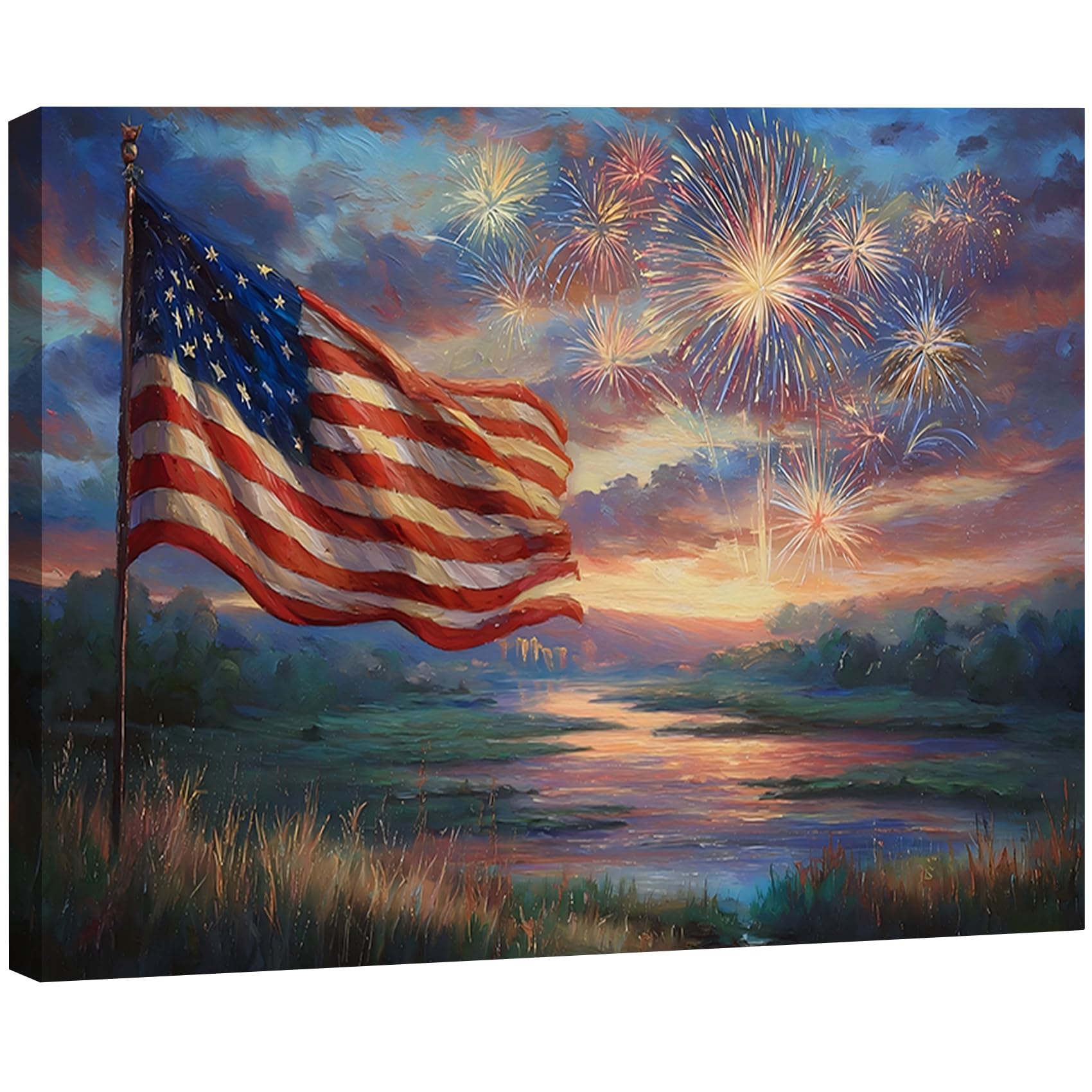 Vintage American Flag Wildflower Canvas Wall Art for Living Room, Framed Patriotic 4th of July Canvas Prints Pictures, Rustic Farmhouse Artwork for Enterway Bedroom Bathroom Wall Decor