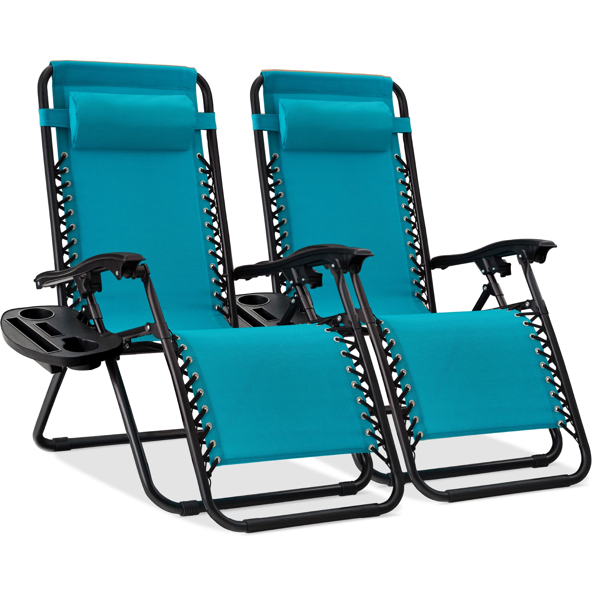 Best Choice Products Set of 2 Adjustable Steel Mesh Zero Gravity Lounge Chair Recliners w/Pillows and Cup Holder Trays - Ice Gray