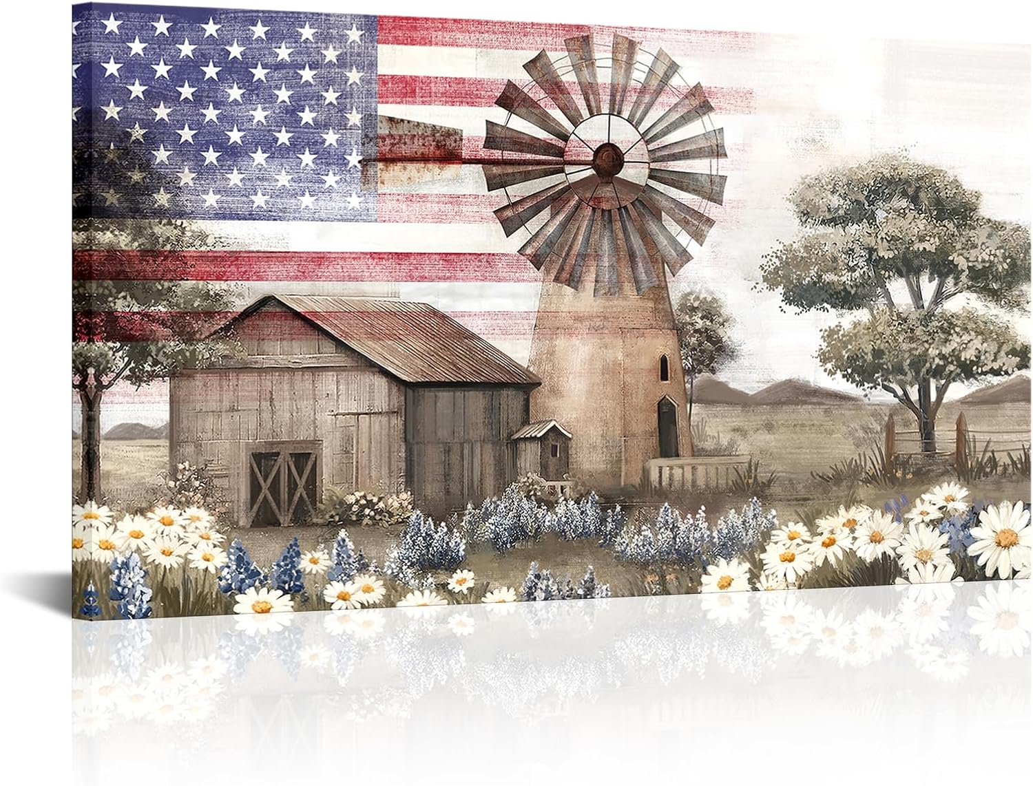 Conipit Rustic Farmhouse Wall Art American Flag Farmhouse Wall Decor with Barn and Windmill Patriotic Country Decor, Canvas Print 20''x36'' (brown red)