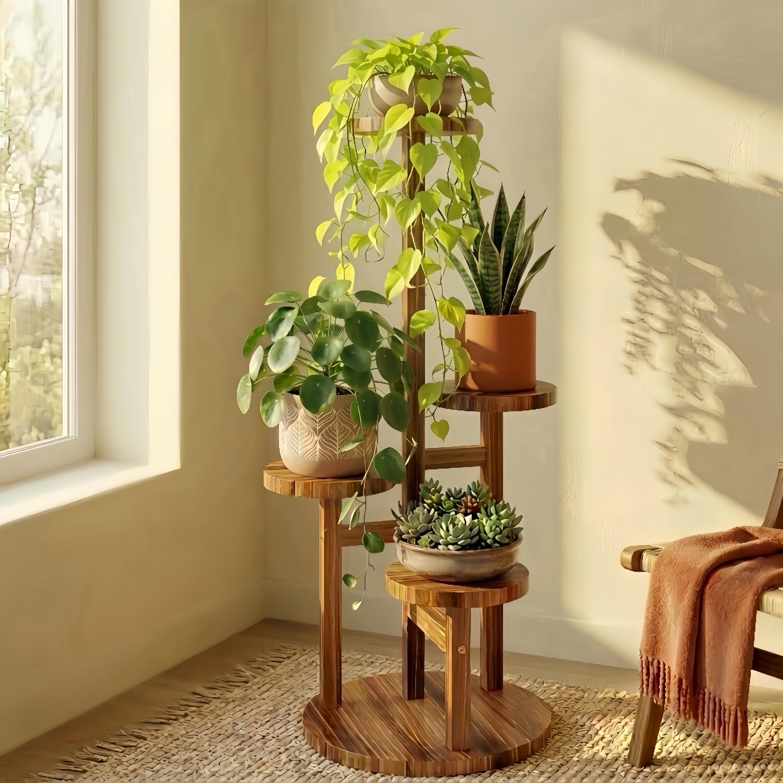 4-Tier Wood Plant Stand with Grow Lights, Indoor & Outdoor Plant Shelf