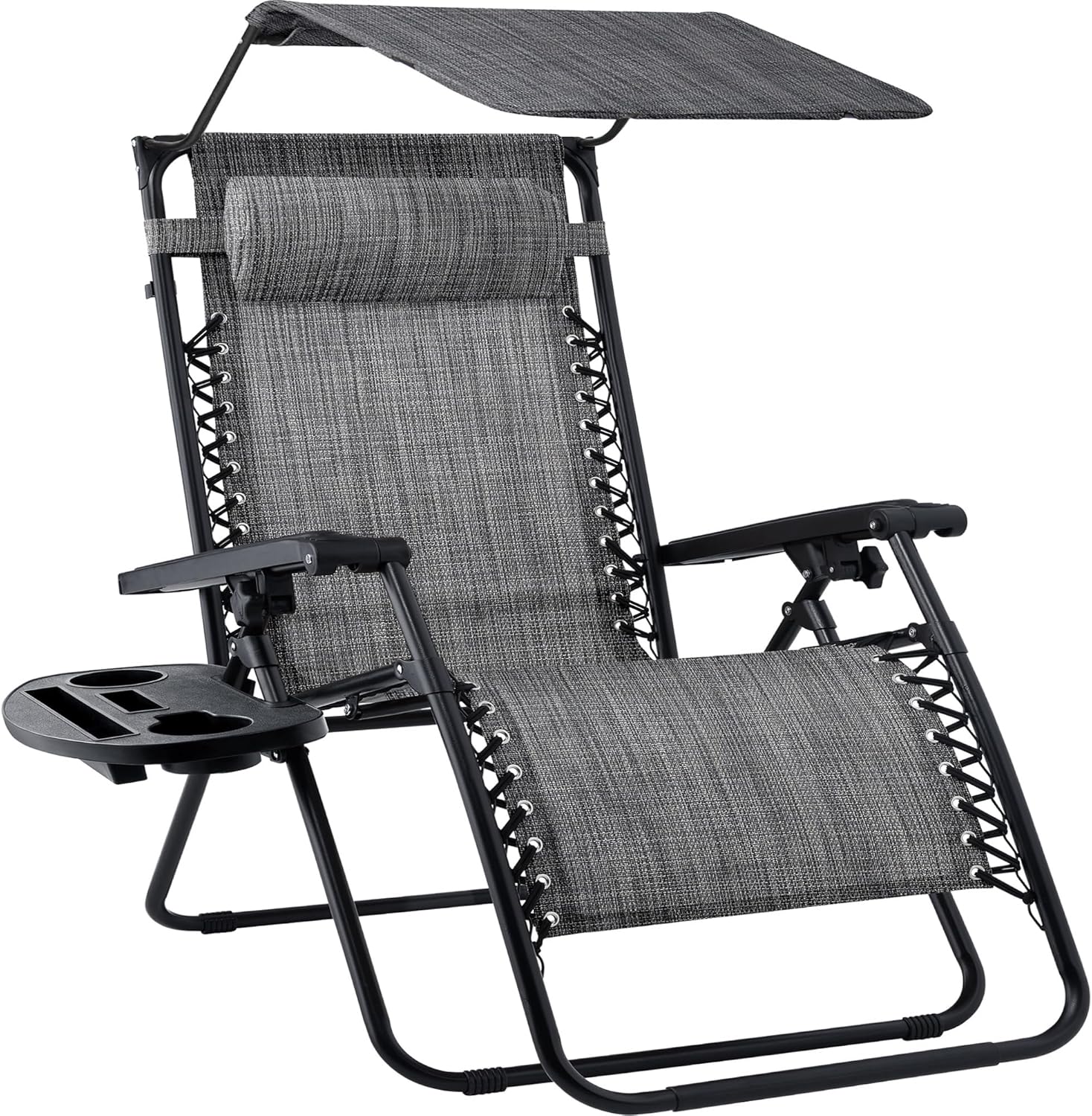 Best Choice Products Folding Zero Gravity Outdoor Recliner Patio Lounge Chair w/Adjustable Canopy Shade, Headrest, Side Accessory Tray, Textilene Mesh - Beige