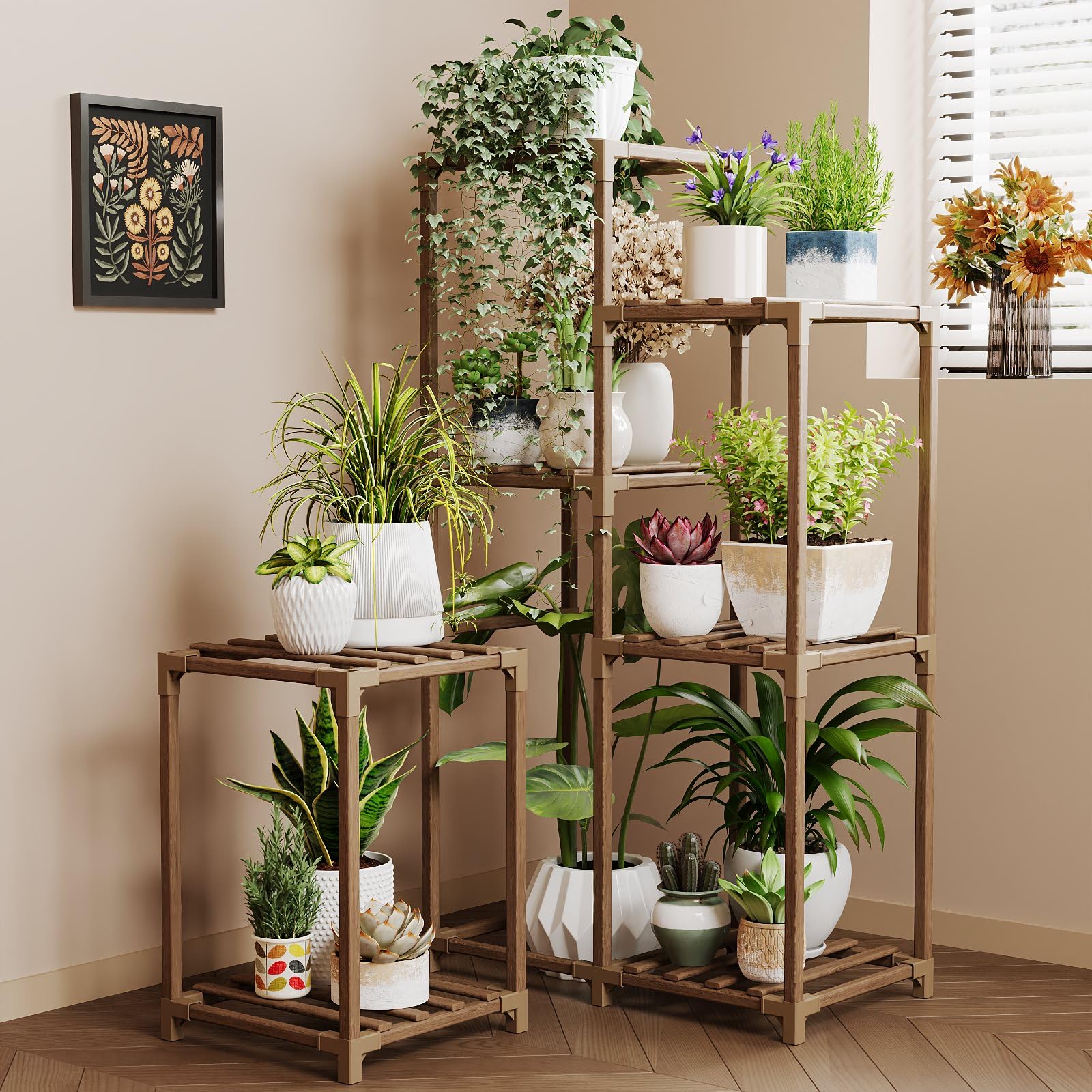 Bamworld Large Plant Shelf Outdoor Wood Plant Stand Large Rack for Living Room Patio, Balcony and Garden