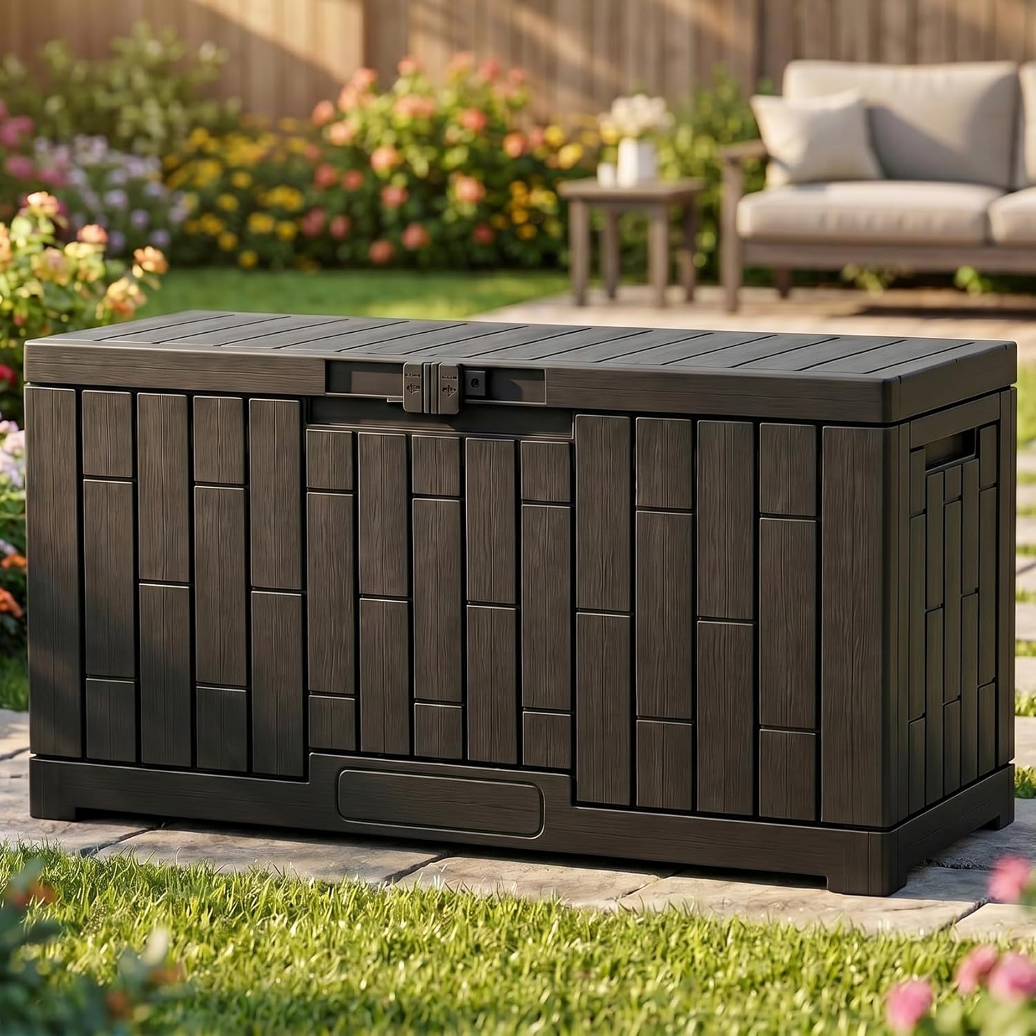 YITAHOME 80 Gallon Resin Deck Box, Weather Resistant Outdoor Rattan Storage Box, Lockable Indoor Outdoor Storage for Supplies and Essentials, Dark Gray