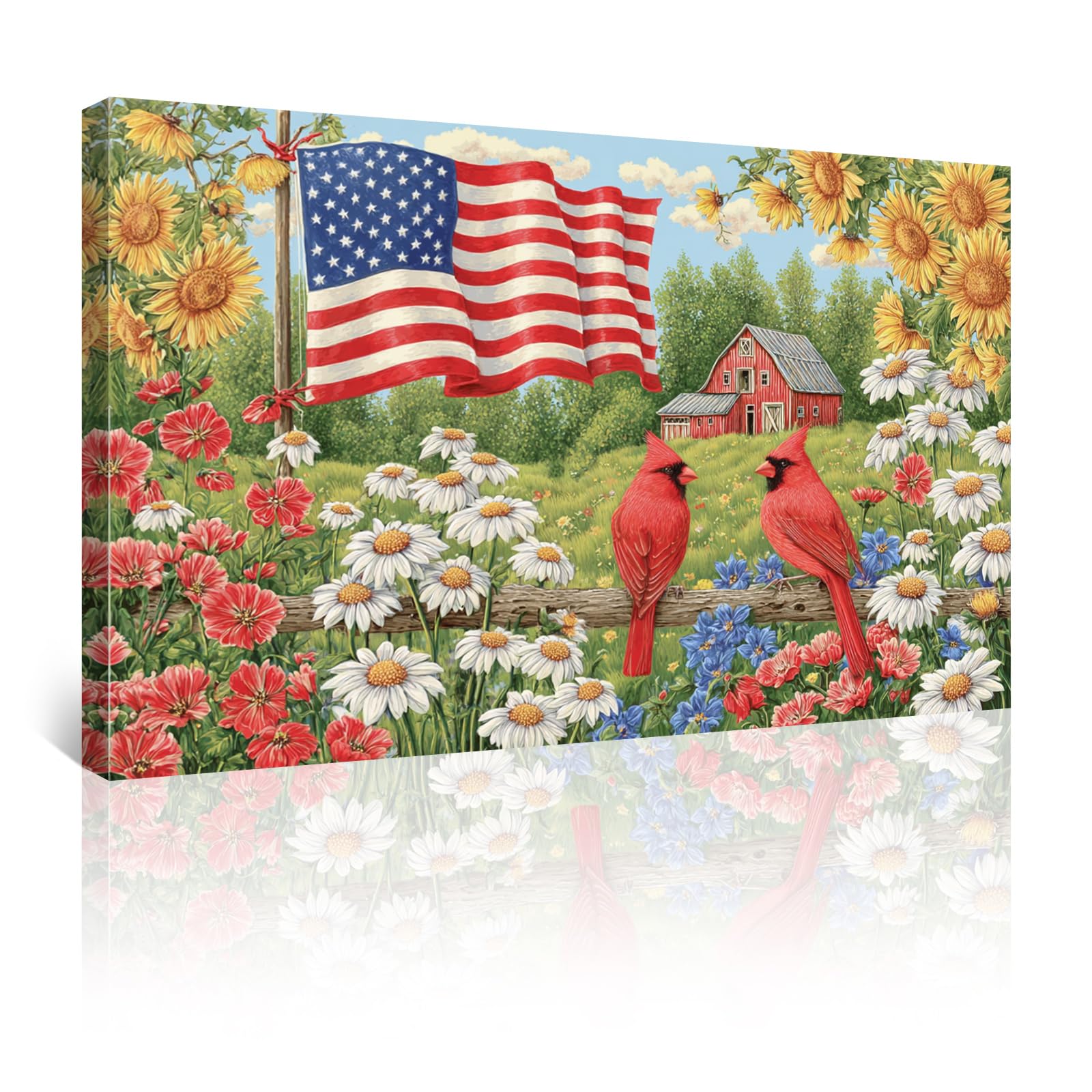 Azatyam American Flag Wall Art Patriotic Floral Picture USA Americana Decor Red White Rose Painting Wildflower Canvas Prints Vintage Country Style Artwork for Living Room Office Bedroom Wall Decor 16" x 24"