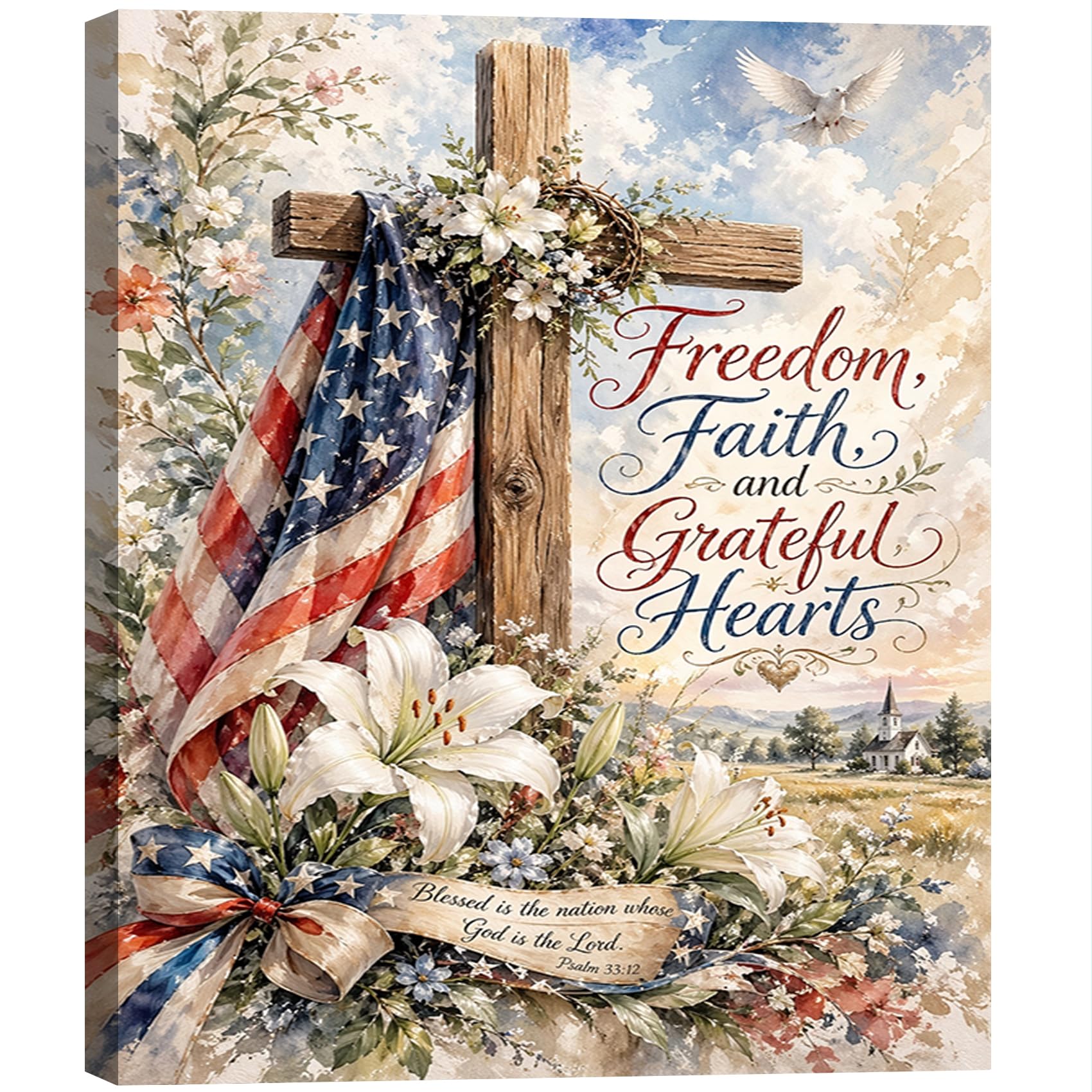 Vintage American Flag Wildflower Canvas Wall Art for Living Room, Framed Patriotic 4th of July Canvas Prints Pictures, Rustic Farmhouse Artwork for Enterway Bedroom Bathroom Wall Decor