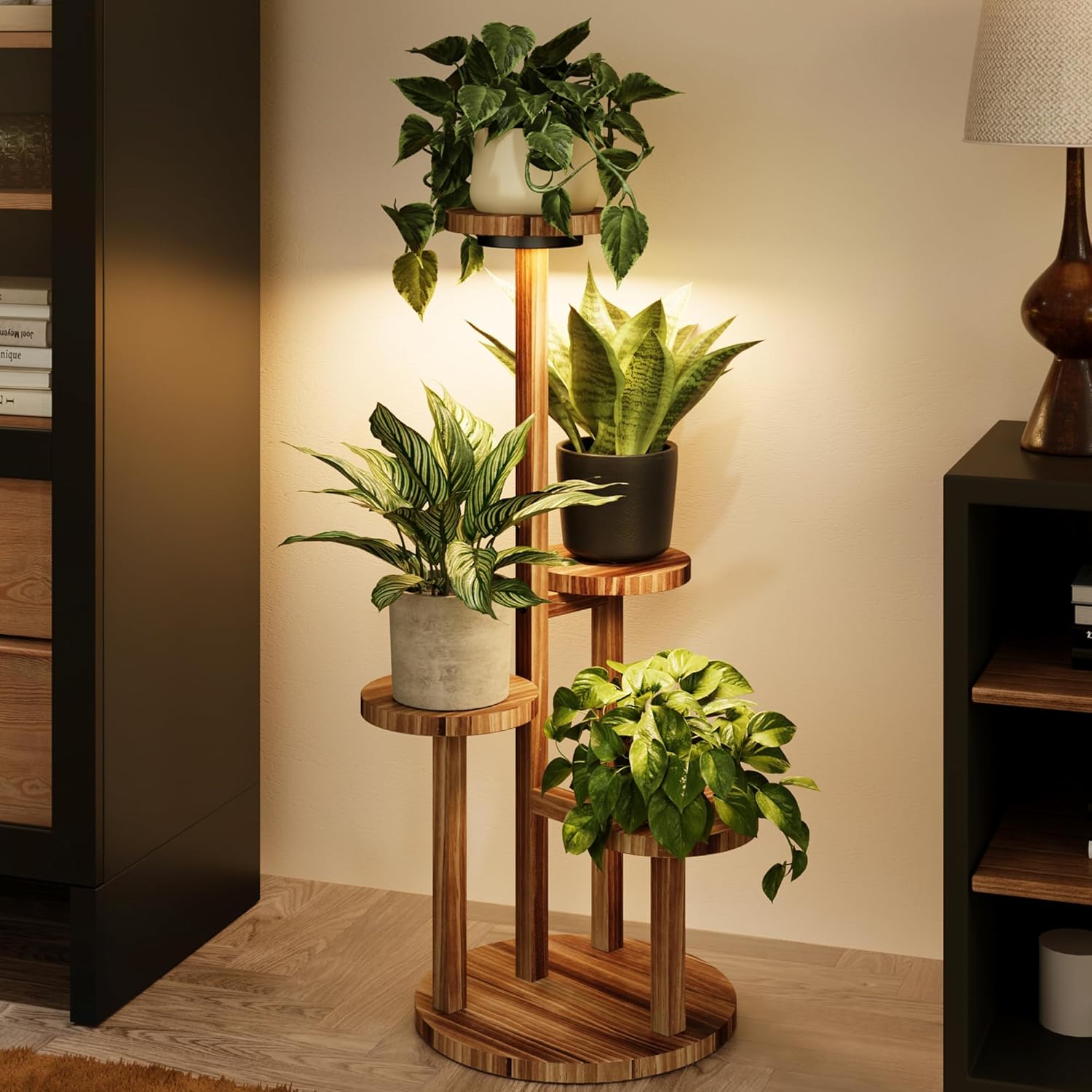 4-Tier Wood Plant Stand with Grow Lights, Indoor & Outdoor Plant Shelf
