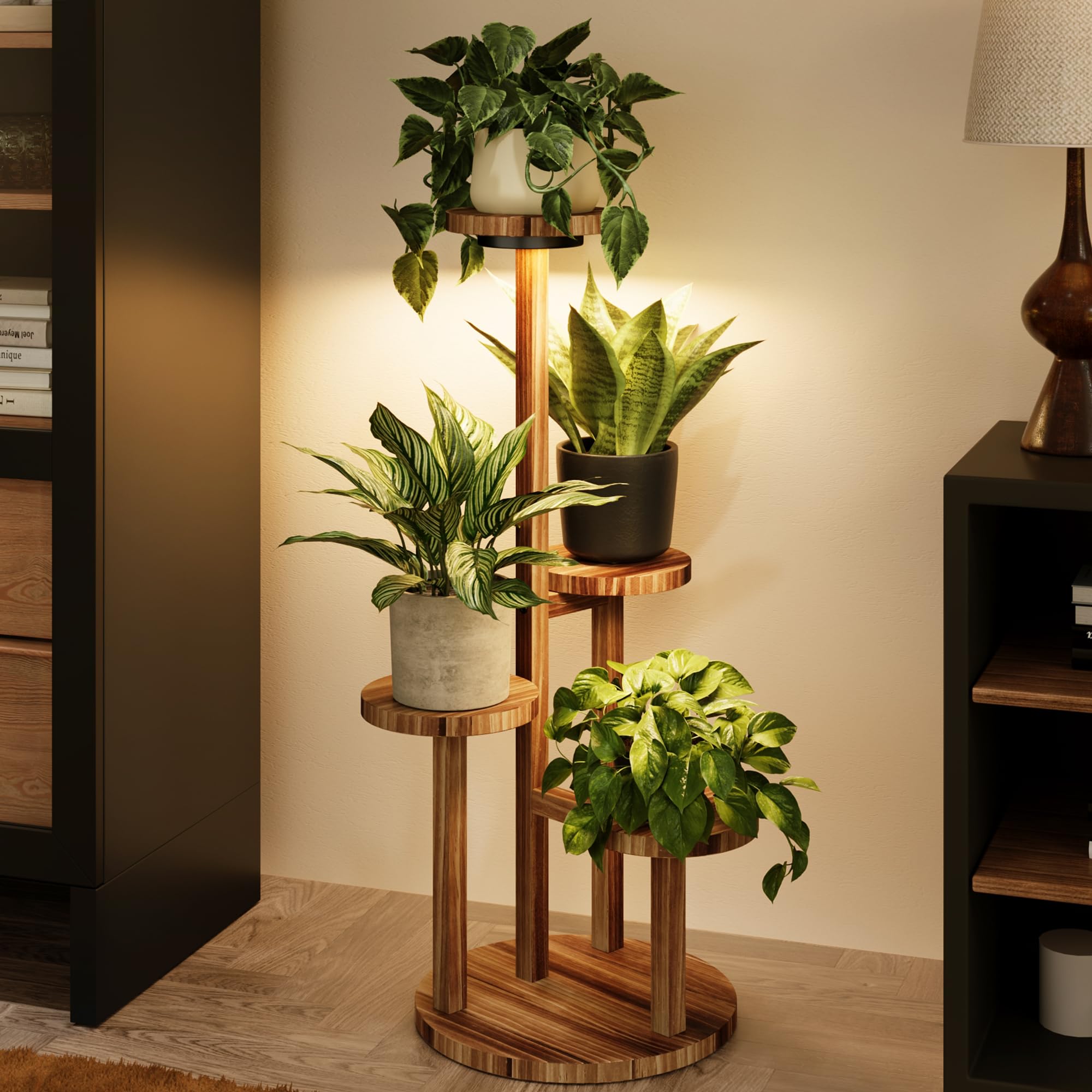 4-Tier Wood Plant Stand with Grow Lights, Indoor & Outdoor Plant Shelf