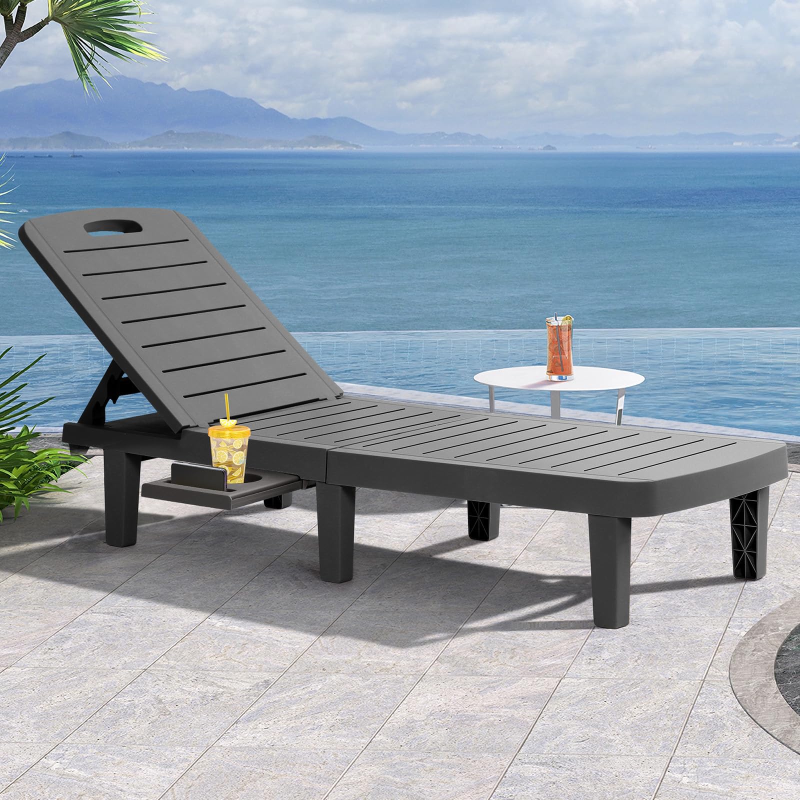 Outdoor Chaise Lounge Set of 4, Waterproof Resin Lounge Chairs for Outside w/Adjustable 5 Positions All Weather Use Recliner Chair for Patio, Poolside, Beach, Yard, Grey