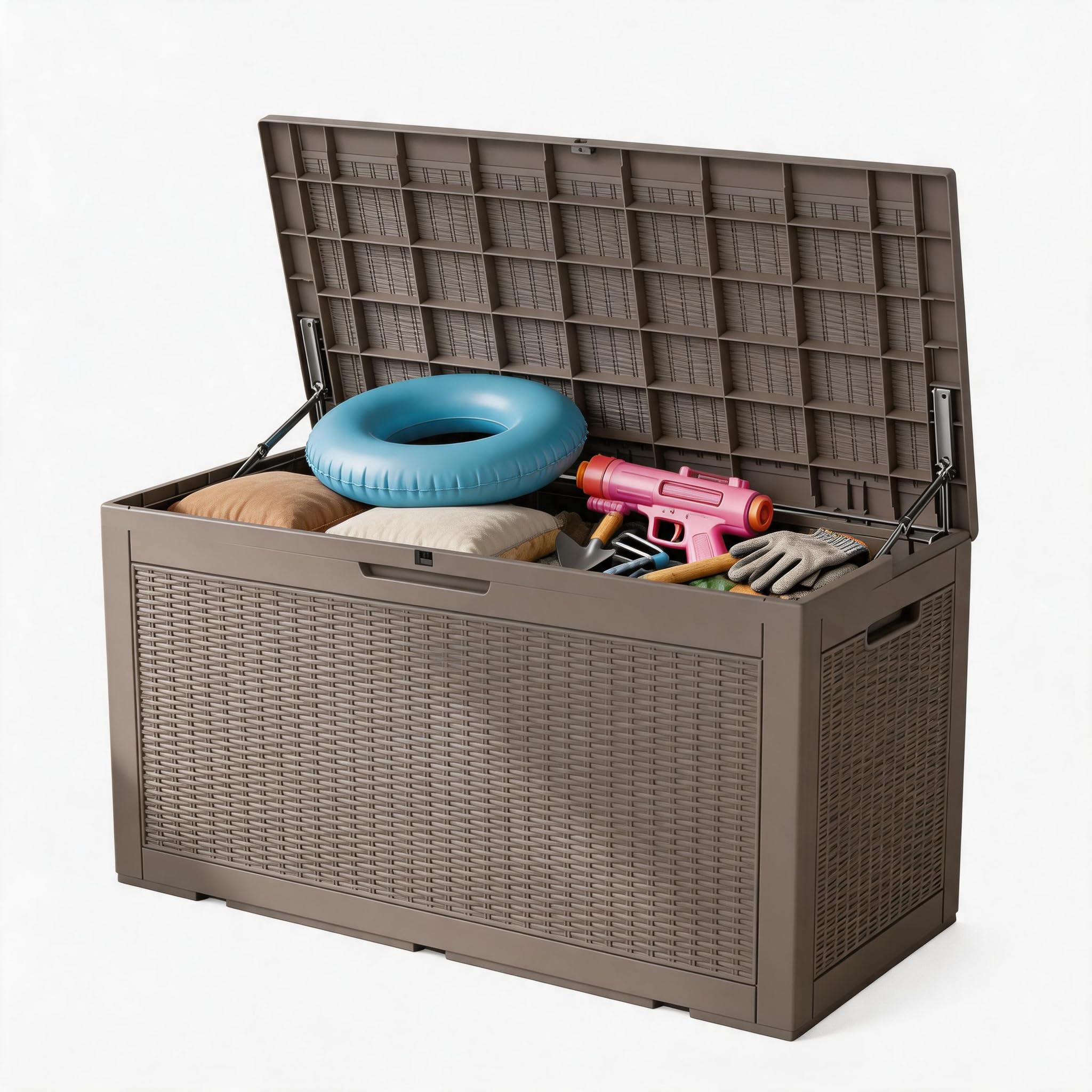 80 Gallon Deck Box with Wheels, Waterproof Resin Outdoor Storage, Easy Assembly, Rolling Bin for Patio Cushions, Pool Toys & Garden Tools, Brown