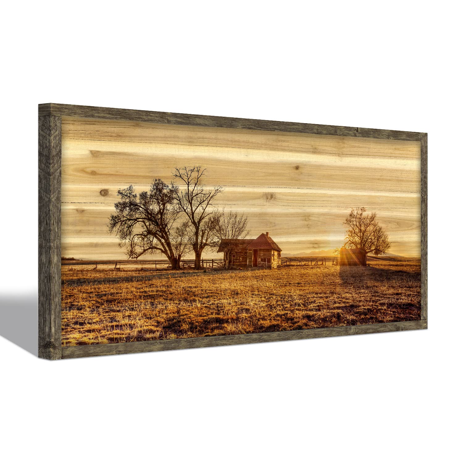 Farmhouse Wood Wall Art Picture: Living Room Framed Rustic Old Barn American Flag Painting Decor Bedroom Large Black White Country Rural Farm Scene Print Horizontal Patriotic Countryside Nature