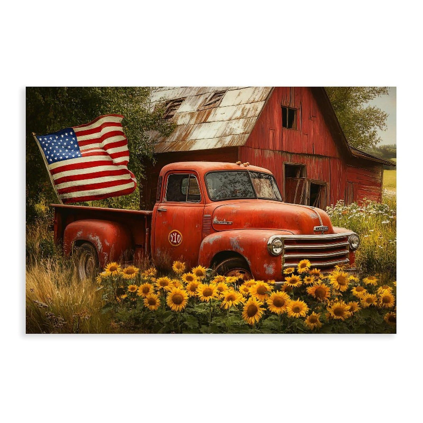 UZWGG 1pcs Framed Wall Art Classic Farmhouse Pastoral Wall Decoration Red Old Barn Truck Canvas Print American Flag Decoration Painting Independence Day Gift Wrapped Canvas 24x36inch(60x90cm)