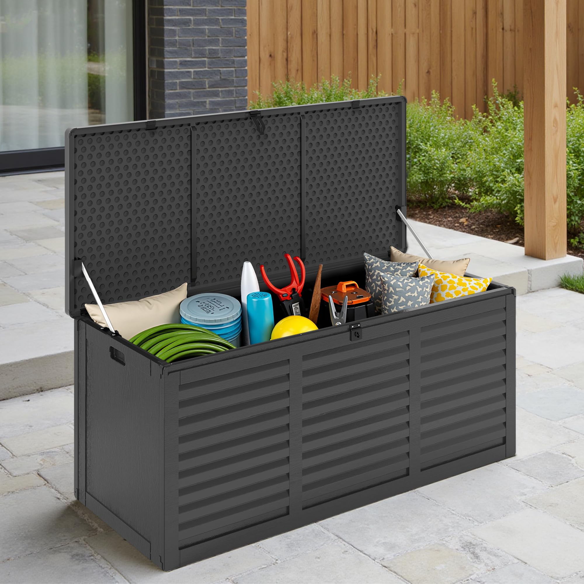 Resin Deck Box 130 Gallon, Lockable & Waterproof Outdoor Storage, UV-Resistant Patio Box for Cushions, Tools, and Outdoor Accessories (Gray)