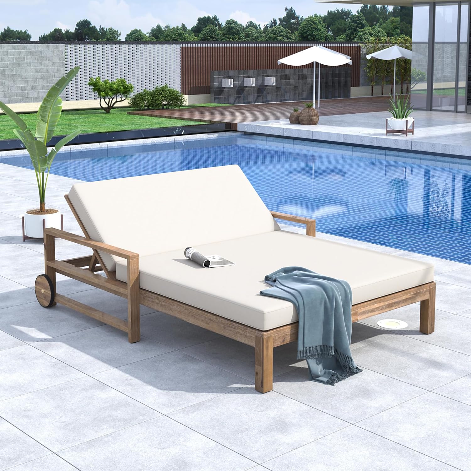 Leisure Zone 5-Position Adjustable Outdoor Chaise Lounge, Solid Acacia Wood Patio Recliner Chair with Beige Thick Weather-Resistant Cushions for Pool, Garden, Balcony (Light Teak)