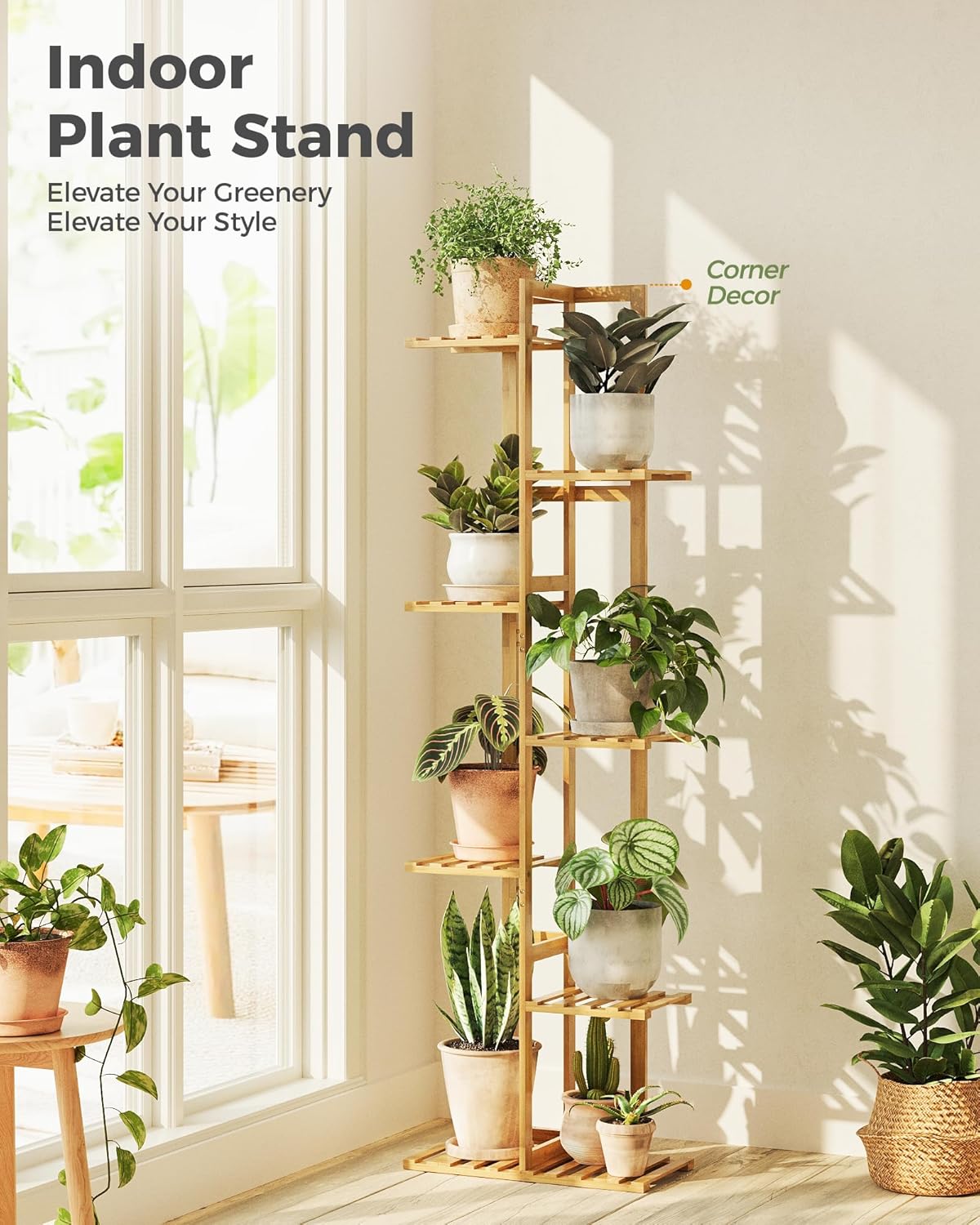7-Tier Bamboo Plant Stand, Indoor Outdoor Corner Flower Shelf