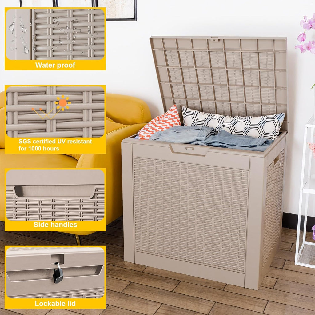 PatioZen 31 Gallon Wicker Pattern Resin Deck Box, Lockable Patio Outdoor Storage Box for Furniture, Garden Tools and Tools Storage, Waterproof Outside Storage Box (Grey)