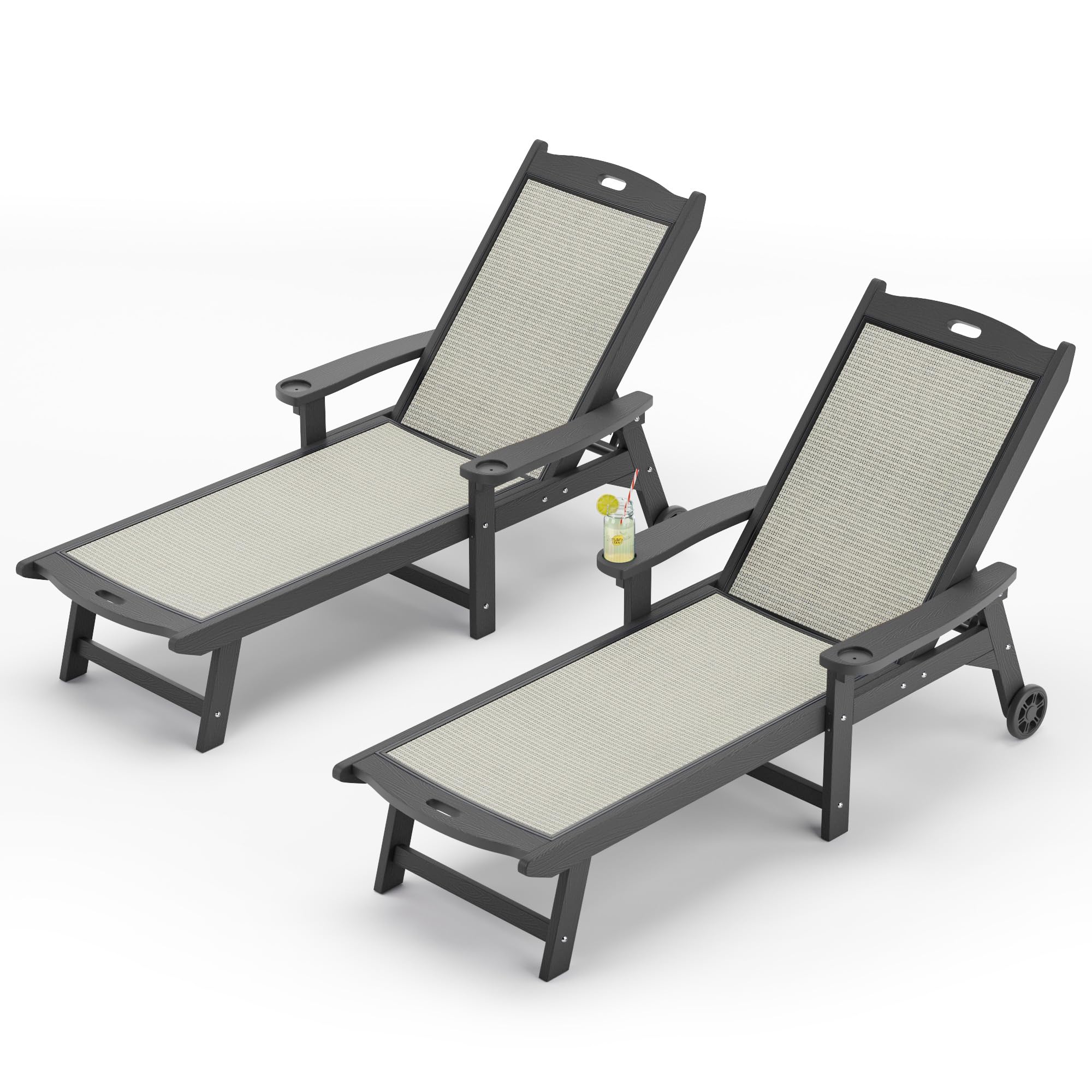 LUE BONA Chaise Lounge Chair Outdoor, HDPS and HDPE Wicker Material, Patio Lounge Chair with Adjustable Backrest, Resin Pool Lounge Chairs with Wheels for Backyard, Poolside and Deck,Teak