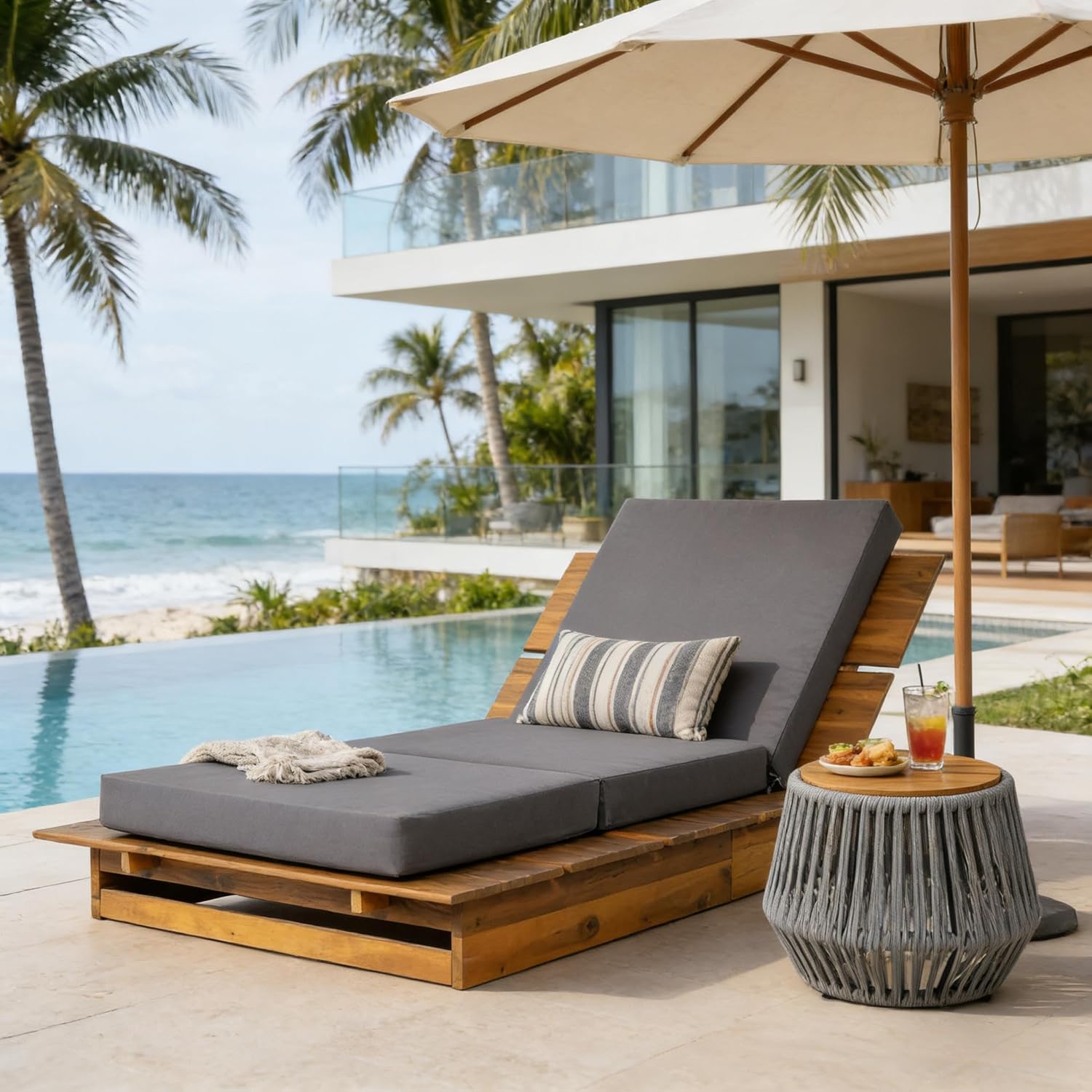 Bard Acacia Wood Chaise Lounge, 3-Position Recliner with Thick Cushion, Teak & Cream