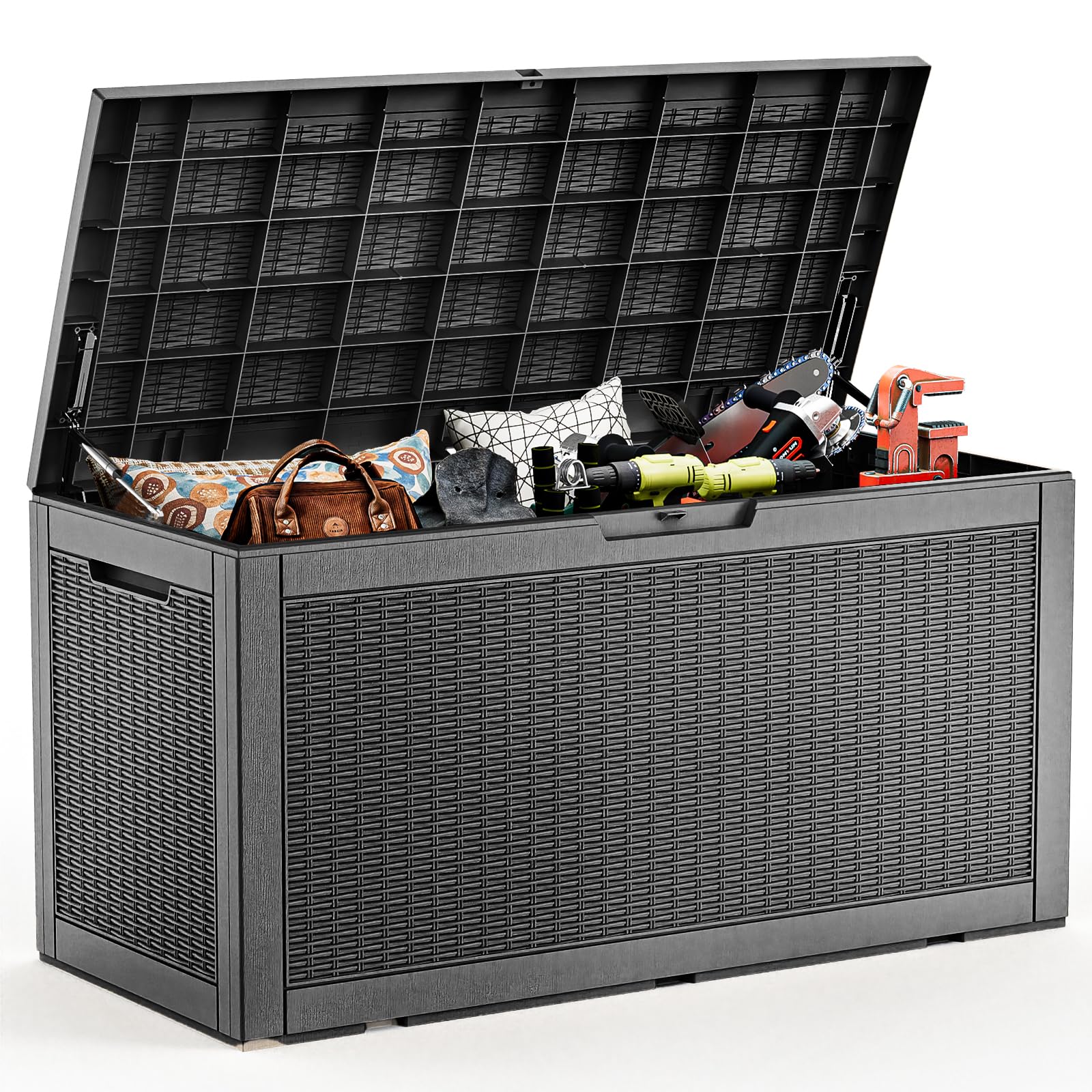 PatioZen 31 Gallon Wicker Pattern Resin Deck Box, Lockable Patio Outdoor Storage Box for Furniture, Garden Tools and Tools Storage, Waterproof Outside Storage Box (Grey)