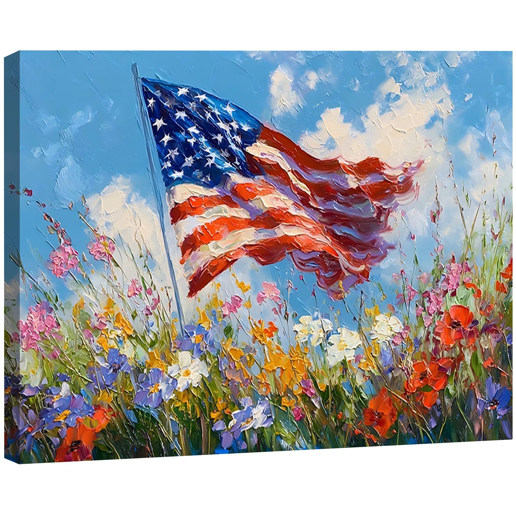 Vintage American Flag Wildflower Canvas Wall Art for Living Room, Framed Patriotic 4th of July Canvas Prints Pictures, Rustic Farmhouse Artwork for Enterway Bedroom Bathroom Wall Decor