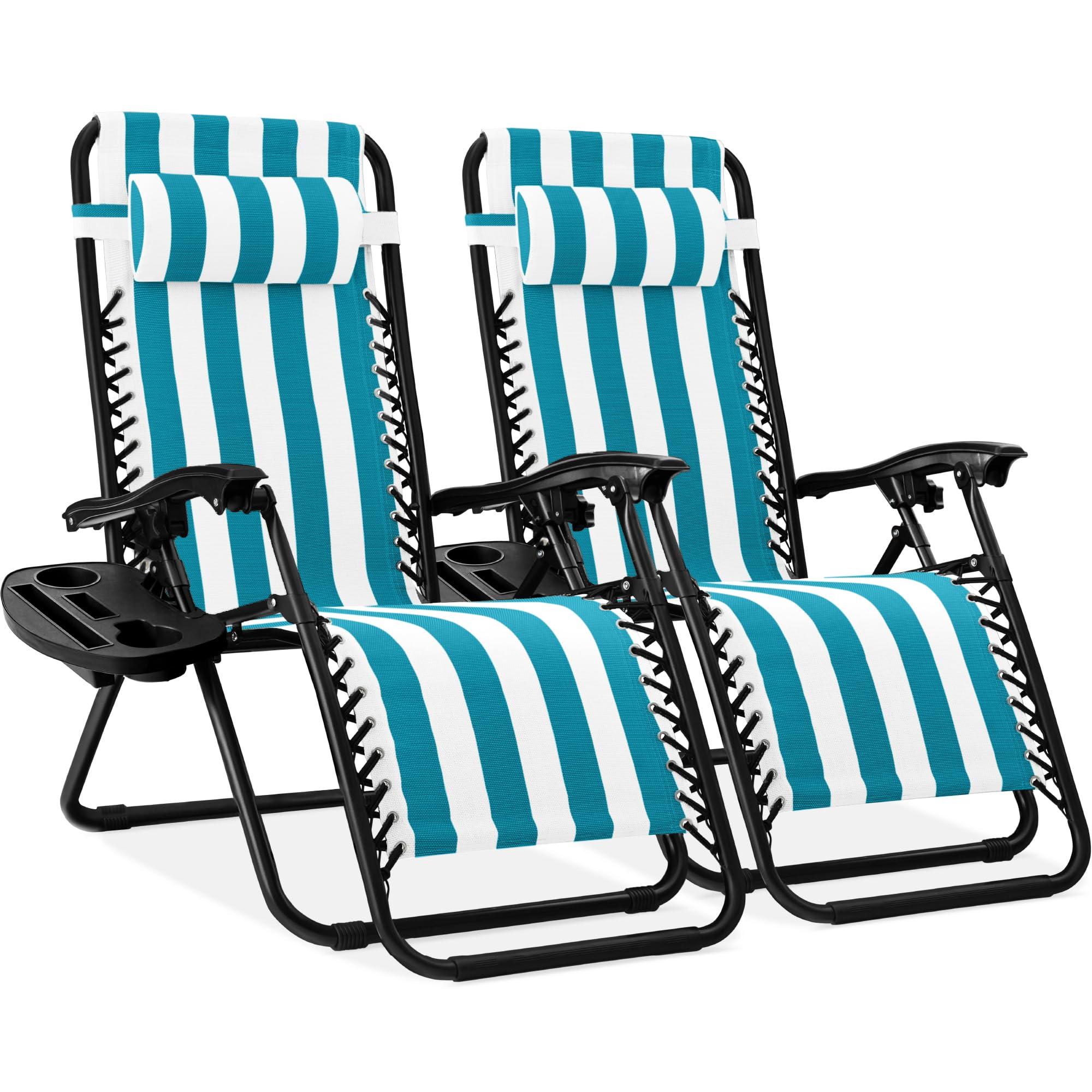 Best Choice Products Set of 2 Adjustable Steel Mesh Zero Gravity Lounge Chair Recliners w/Pillows and Cup Holder Trays - Ice Gray