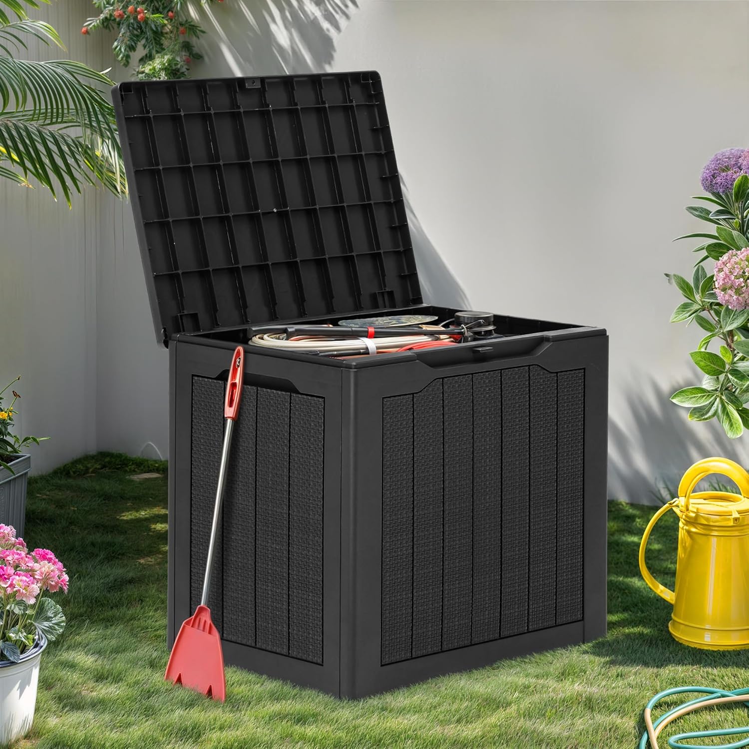 YITAHOME 80 Gallon Resin Deck Box, Weather Resistant Outdoor Rattan Storage Box, Lockable Indoor Outdoor Storage for Supplies and Essentials, Dark Gray