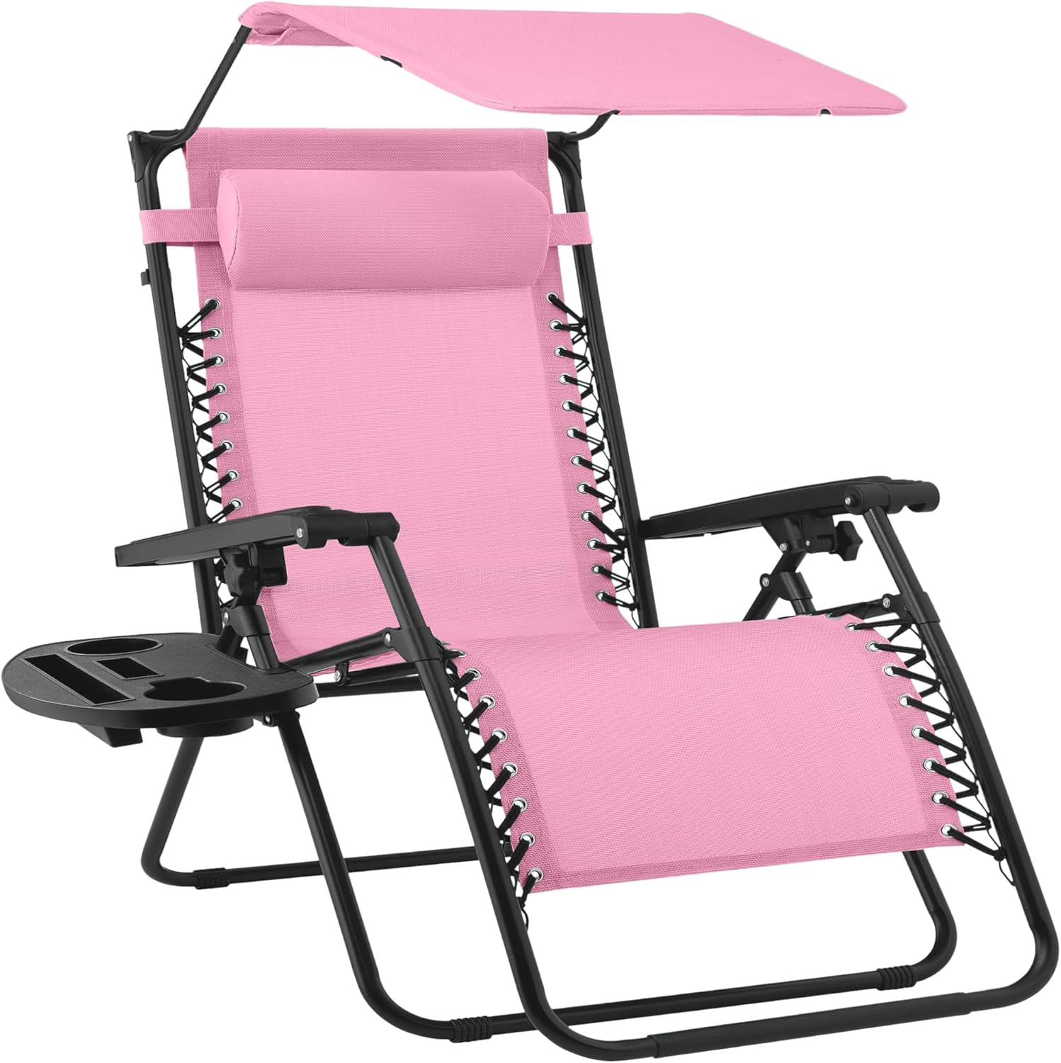 Best Choice Products Folding Zero Gravity Outdoor Recliner Patio Lounge Chair w/Adjustable Canopy Shade, Headrest, Side Accessory Tray, Textilene Mesh - Beige