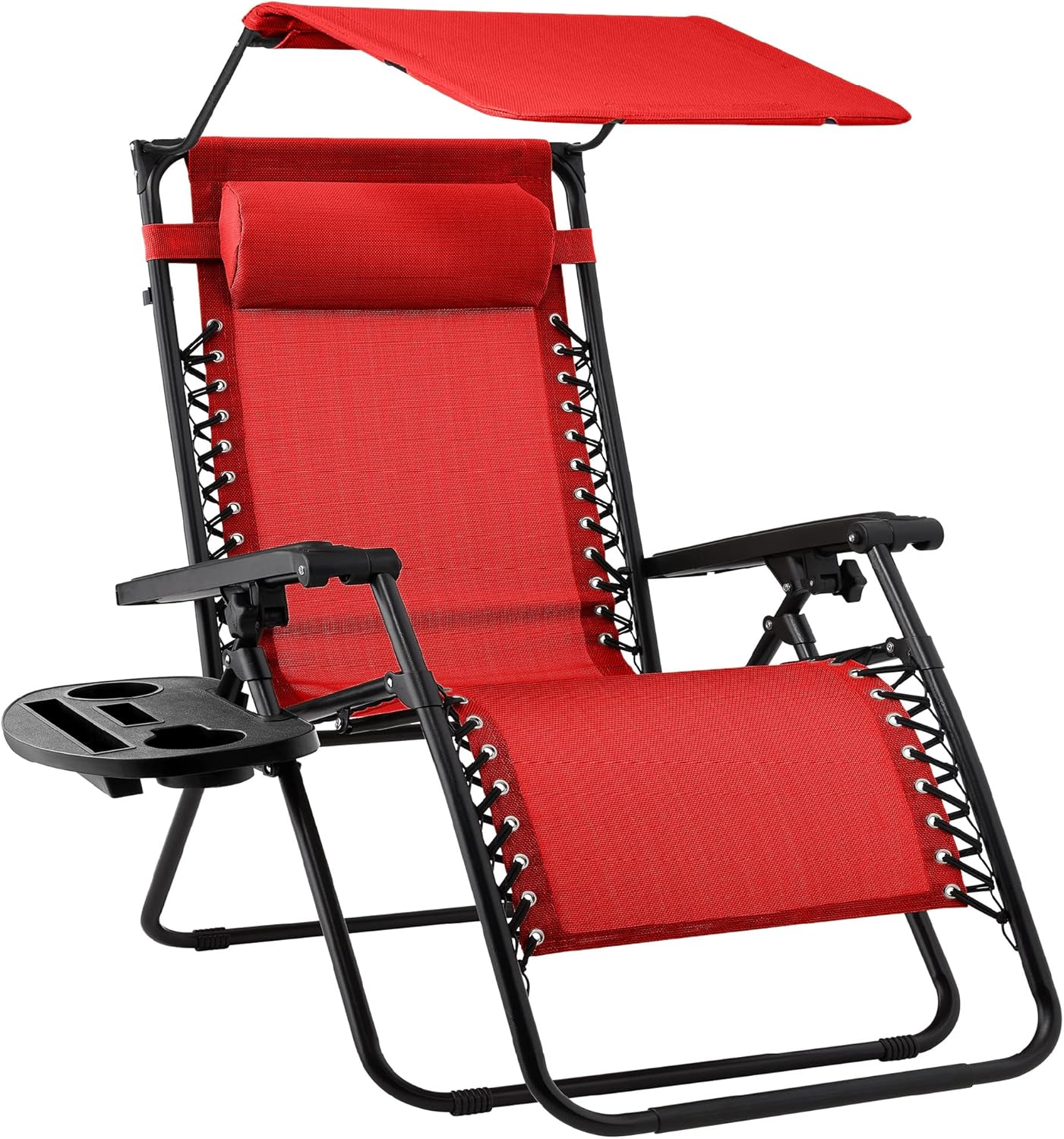 Best Choice Products Folding Zero Gravity Outdoor Recliner Patio Lounge Chair w/Adjustable Canopy Shade, Headrest, Side Accessory Tray, Textilene Mesh - Beige