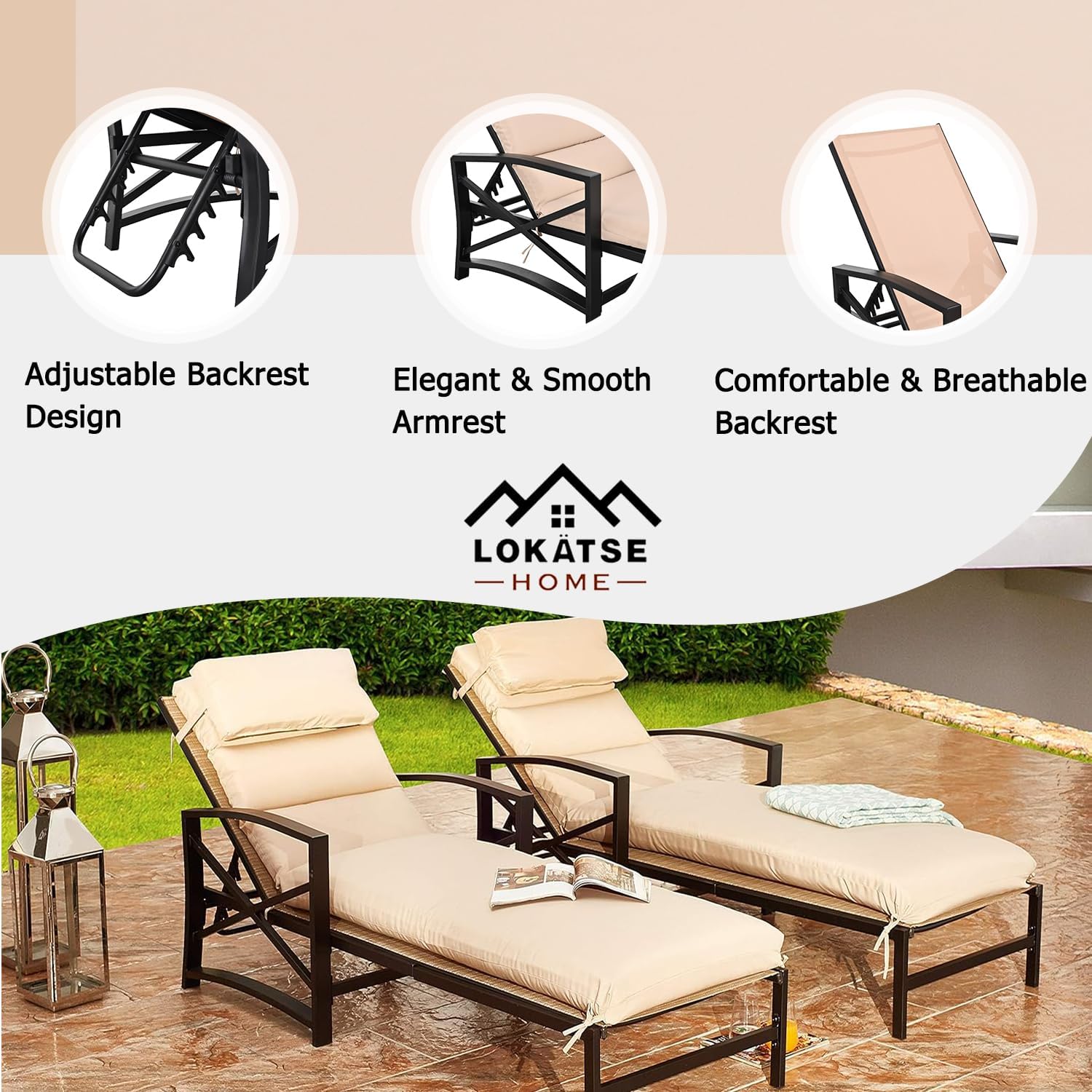 LOKATSE HOME Patio Chaise Lounge Chair Outdoor Furniture Reclining Adjustable with Cushion and Soft Pillow for Pool, Deck, Yard, Khaki