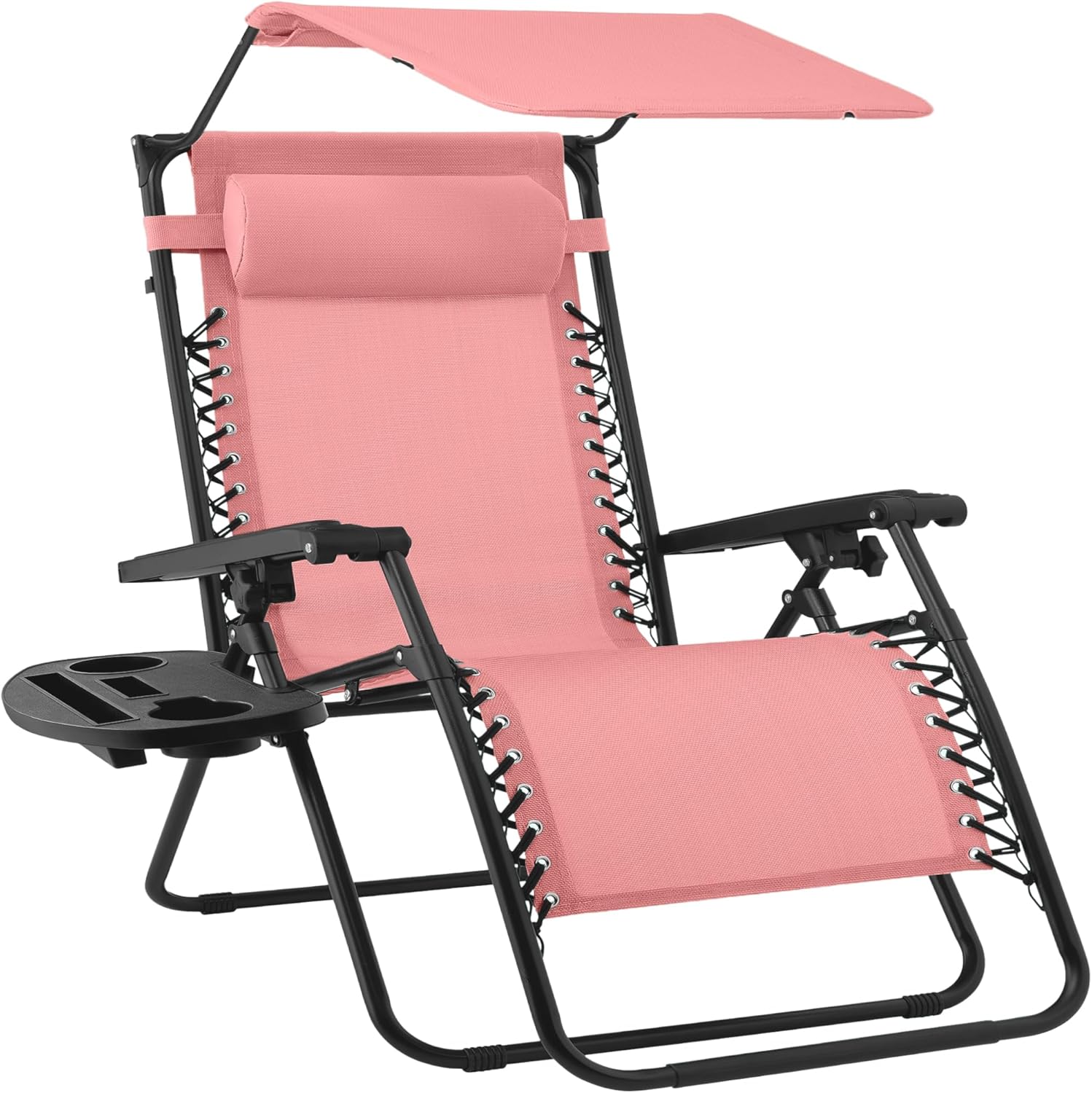 Best Choice Products Folding Zero Gravity Outdoor Recliner Patio Lounge Chair w/Adjustable Canopy Shade, Headrest, Side Accessory Tray, Textilene Mesh - Beige