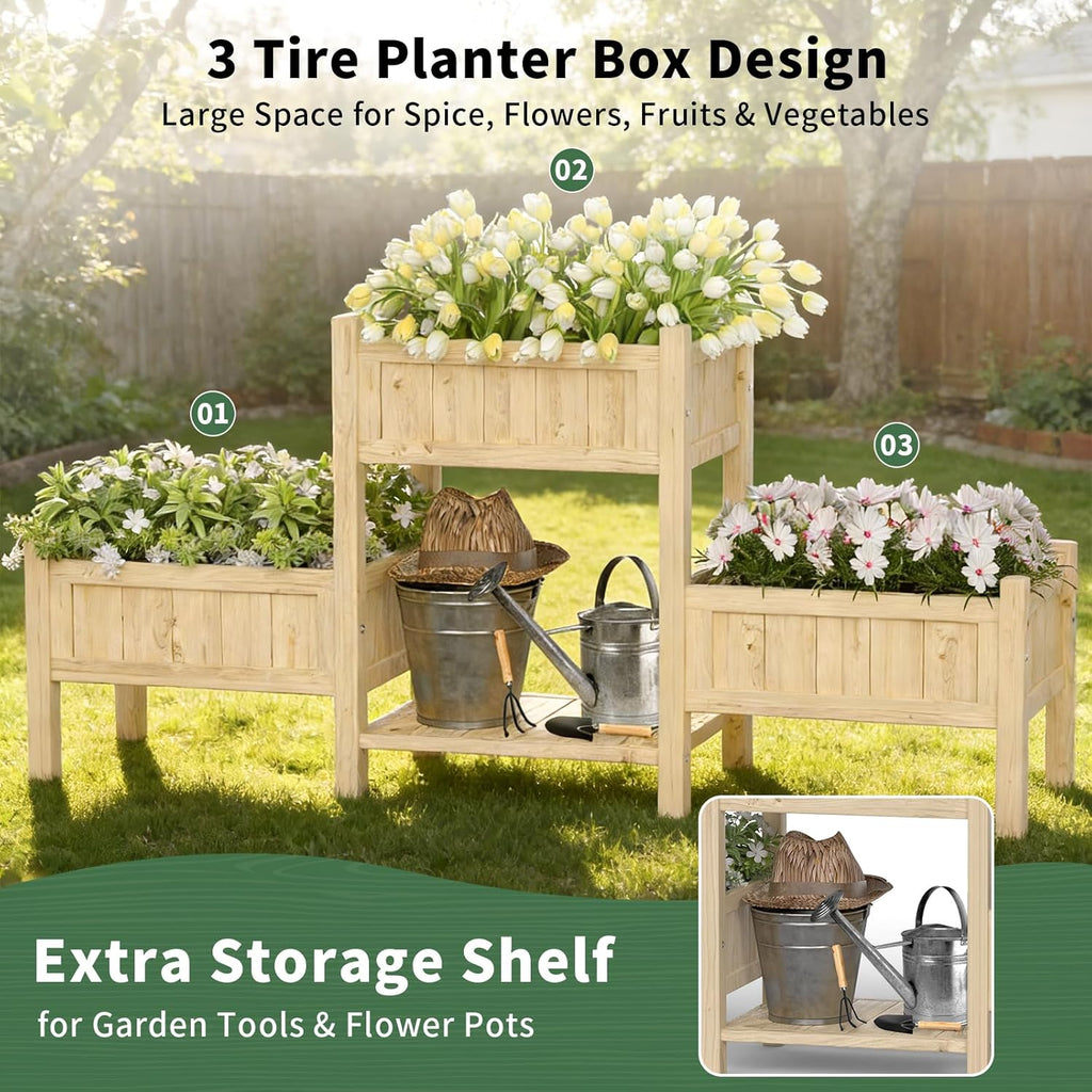 Extra Large Wooden Raised Garden Bed with Legs & Storage Shelf 3 Tier Outdoor Elevated Planter Box for Patios/Herbs/Flowers/Vegetables, Easy Assembly, Natural