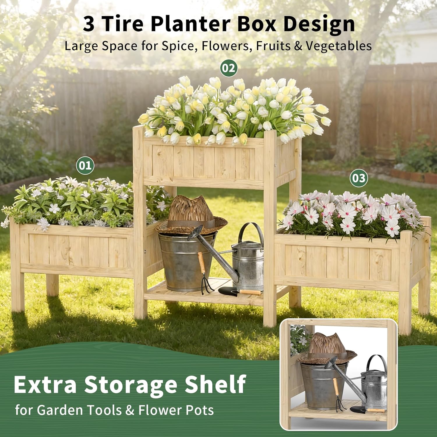 Extra Large Wooden Raised Garden Bed with Legs & Storage Shelf 3 Tier Outdoor Elevated Planter Box for Patios/Herbs/Flowers/Vegetables, Easy Assembly, Natural