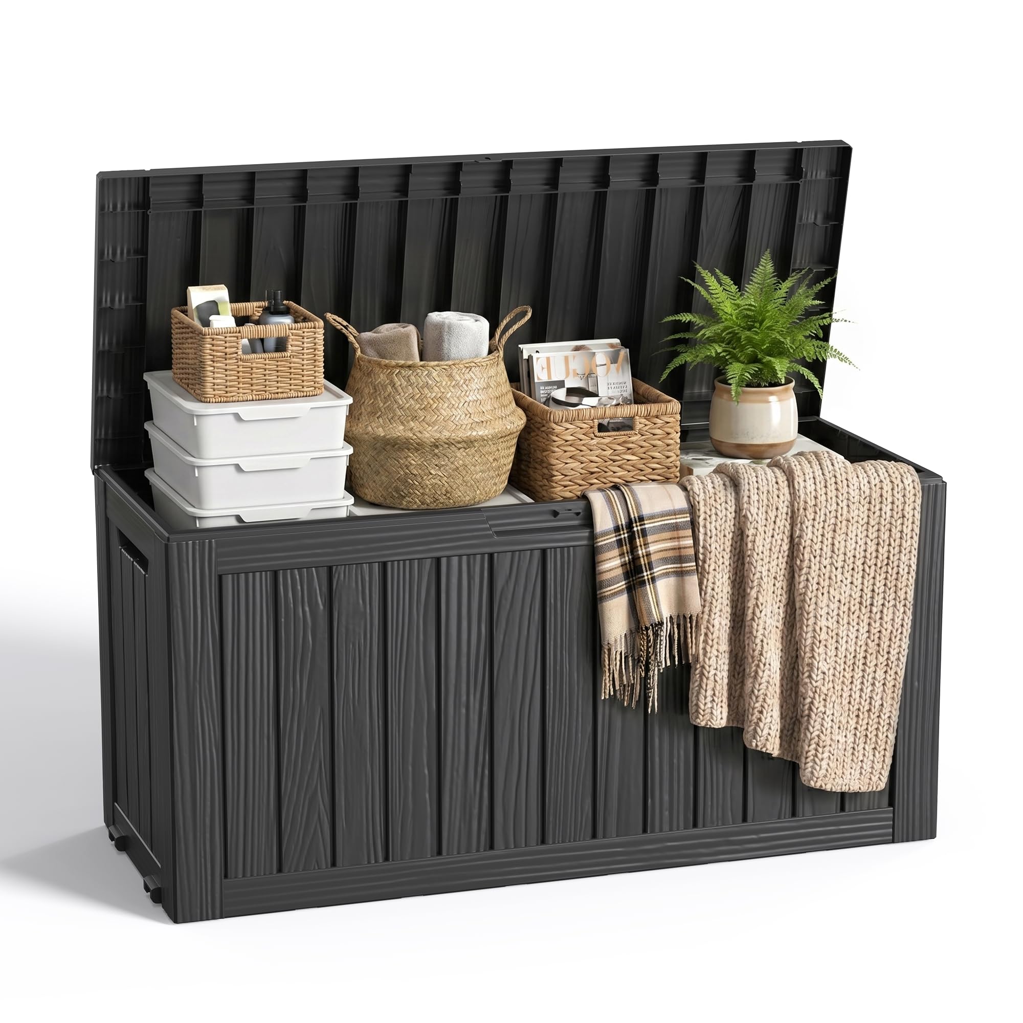 EasyUp 85 Gallon Outdoor Storage Box, Resin Waterproof UV-Resistant Deck Box, Reinforced Stability for Patio, Garden, and Poolside, Striped Black