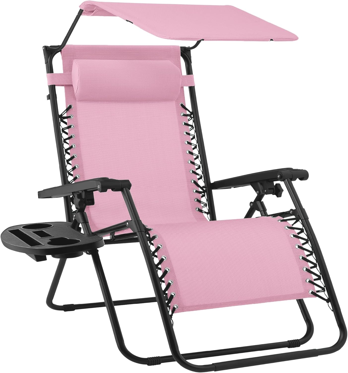 Best Choice Products Folding Zero Gravity Outdoor Recliner Patio Lounge Chair w/Adjustable Canopy Shade, Headrest, Side Accessory Tray, Textilene Mesh - Beige