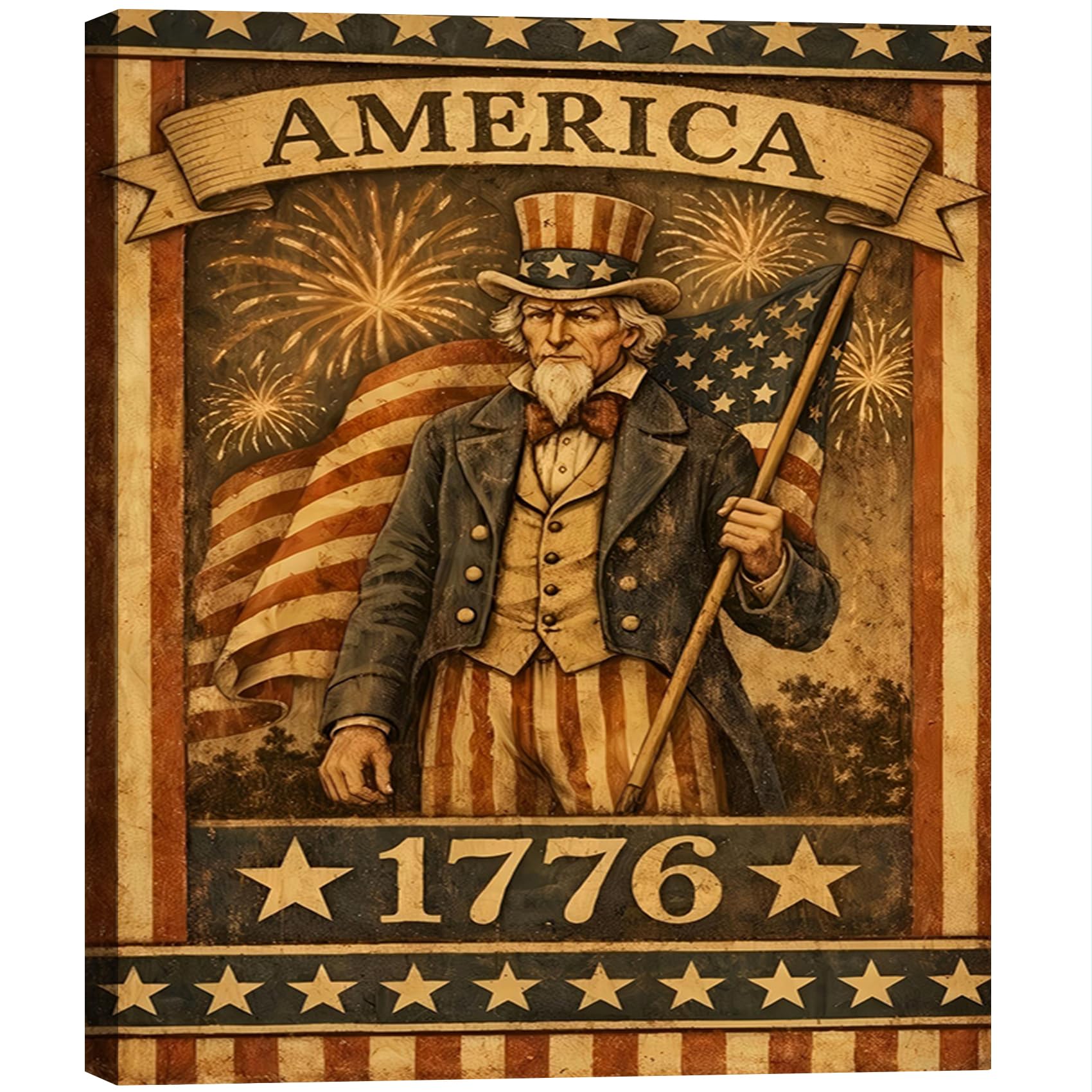 Vintage American Flag Wildflower Canvas Wall Art for Living Room, Framed Patriotic 4th of July Canvas Prints Pictures, Rustic Farmhouse Artwork for Enterway Bedroom Bathroom Wall Decor