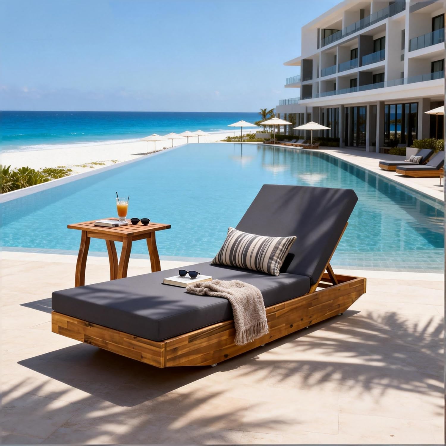 Maril Acacia Wood Chaise Lounge, Adjustable Backrest with Water-Resistant Cushion, Teak & Cream