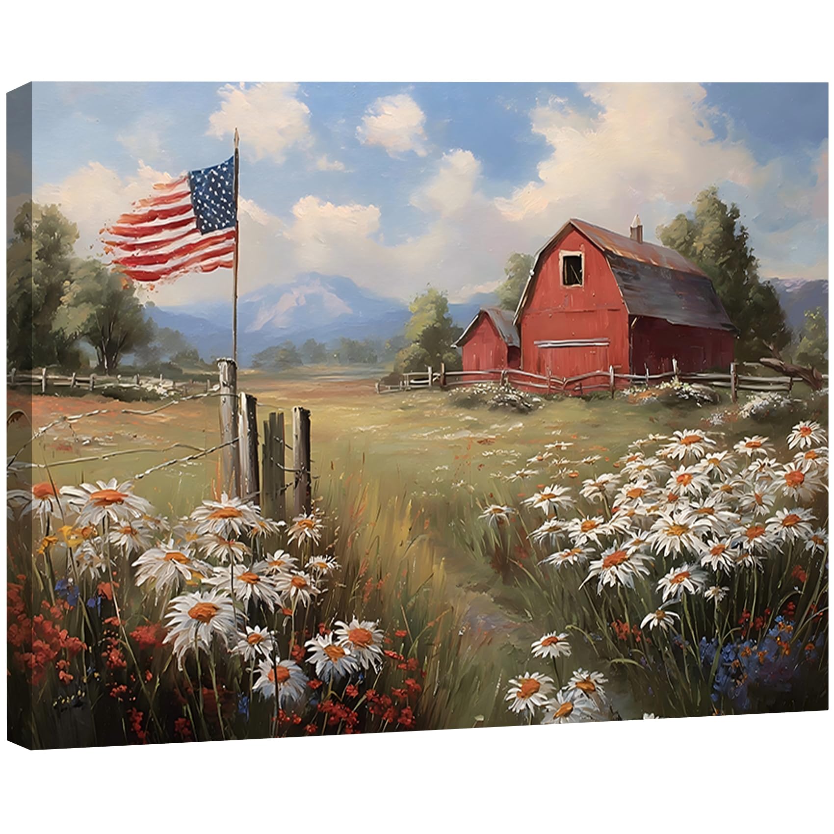 Vintage American Flag Wildflower Canvas Wall Art for Living Room, Framed Patriotic 4th of July Canvas Prints Pictures, Rustic Farmhouse Artwork for Enterway Bedroom Bathroom Wall Decor