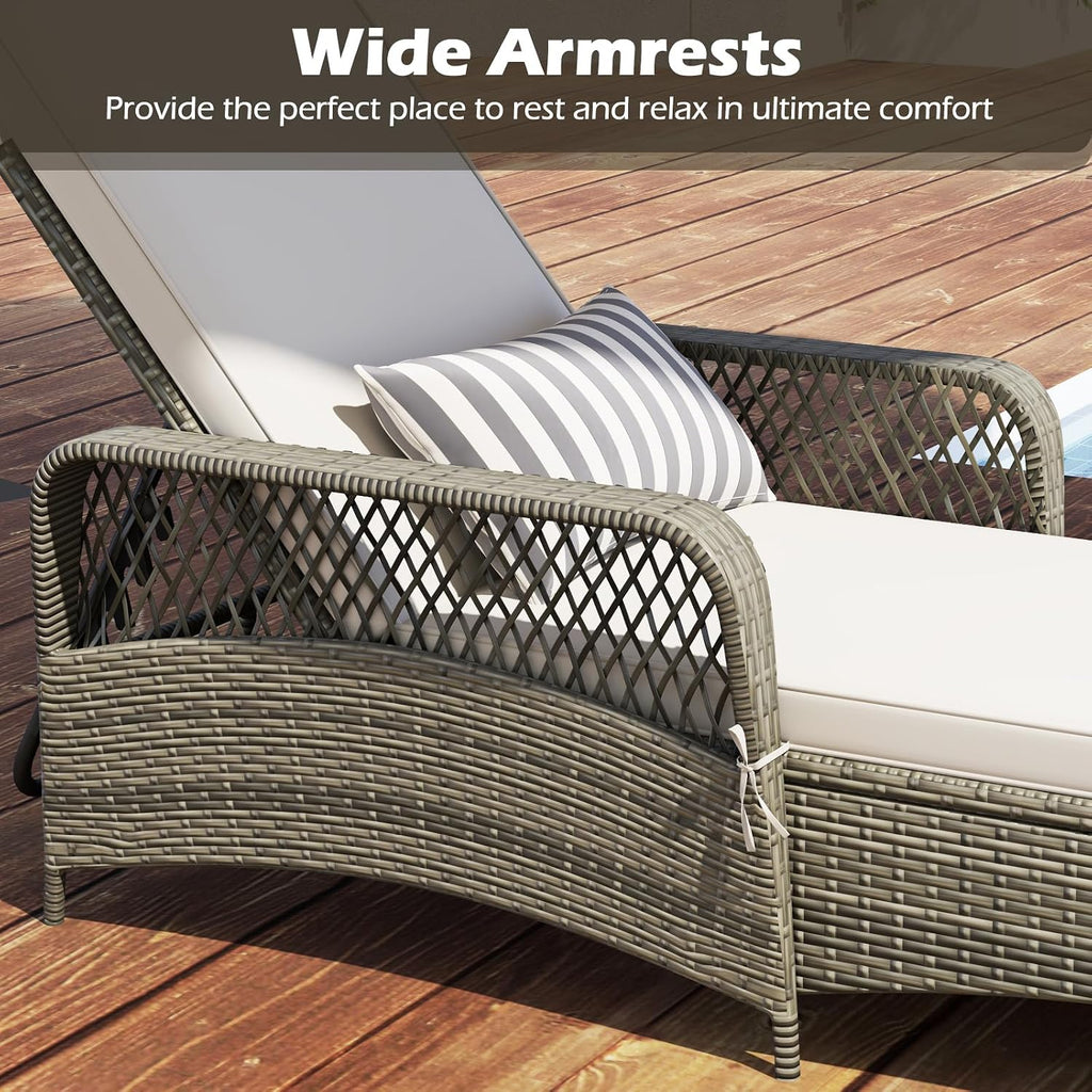 Wicker Chaise Lounge Chair, Patio Rattan Recliner with 6-Position Adjustable Backrest, Soft Cushions, Removable Lumber Pillow & Armrests, Lounger Chair for Poolside & Backyard (Off White)