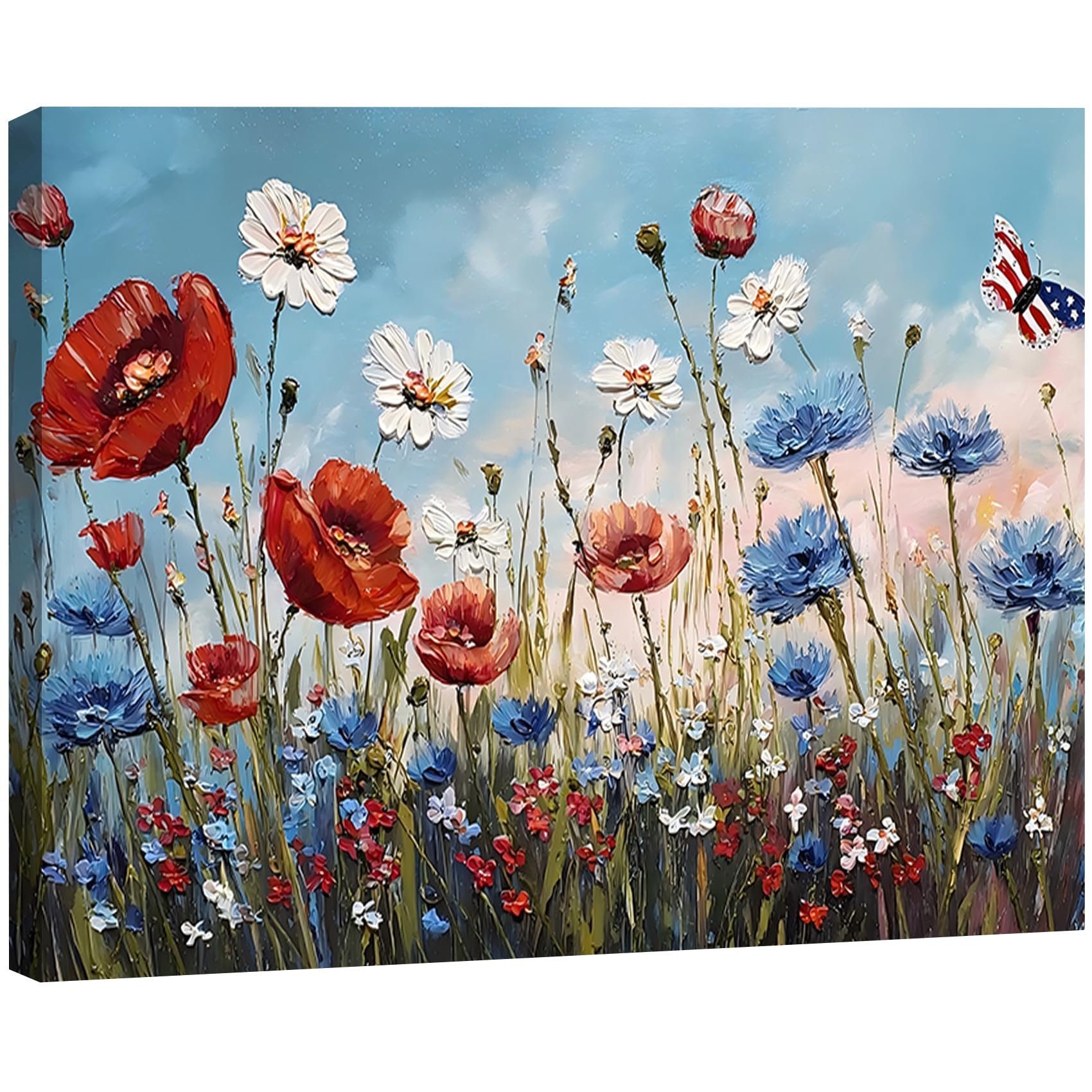 Vintage American Flag Wildflower Canvas Wall Art for Living Room, Framed Patriotic 4th of July Canvas Prints Pictures, Rustic Farmhouse Artwork for Enterway Bedroom Bathroom Wall Decor